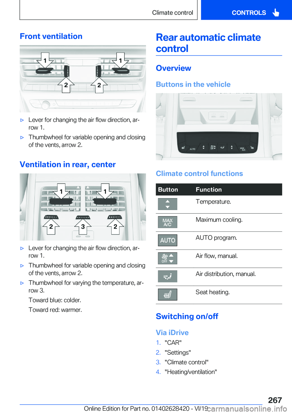 BMW 8 SERIES GRAN COUPE 2020  Owners Manual �F�r�o�n�t��v�e�n�t�i�l�a�t�i�o�n'x�L�e�v�e�r��f�o�r��c�h�a�n�g�i�n�g��t�h�e��a�i�r��f�l�o�w��d�i�r�e�c�t�i�o�n�,��a�rj
�r�o�w��1�.'x�T�h�u�m�b�w�h�e�e�l��f�o�r��v�a�r�i�a�b�l�e��