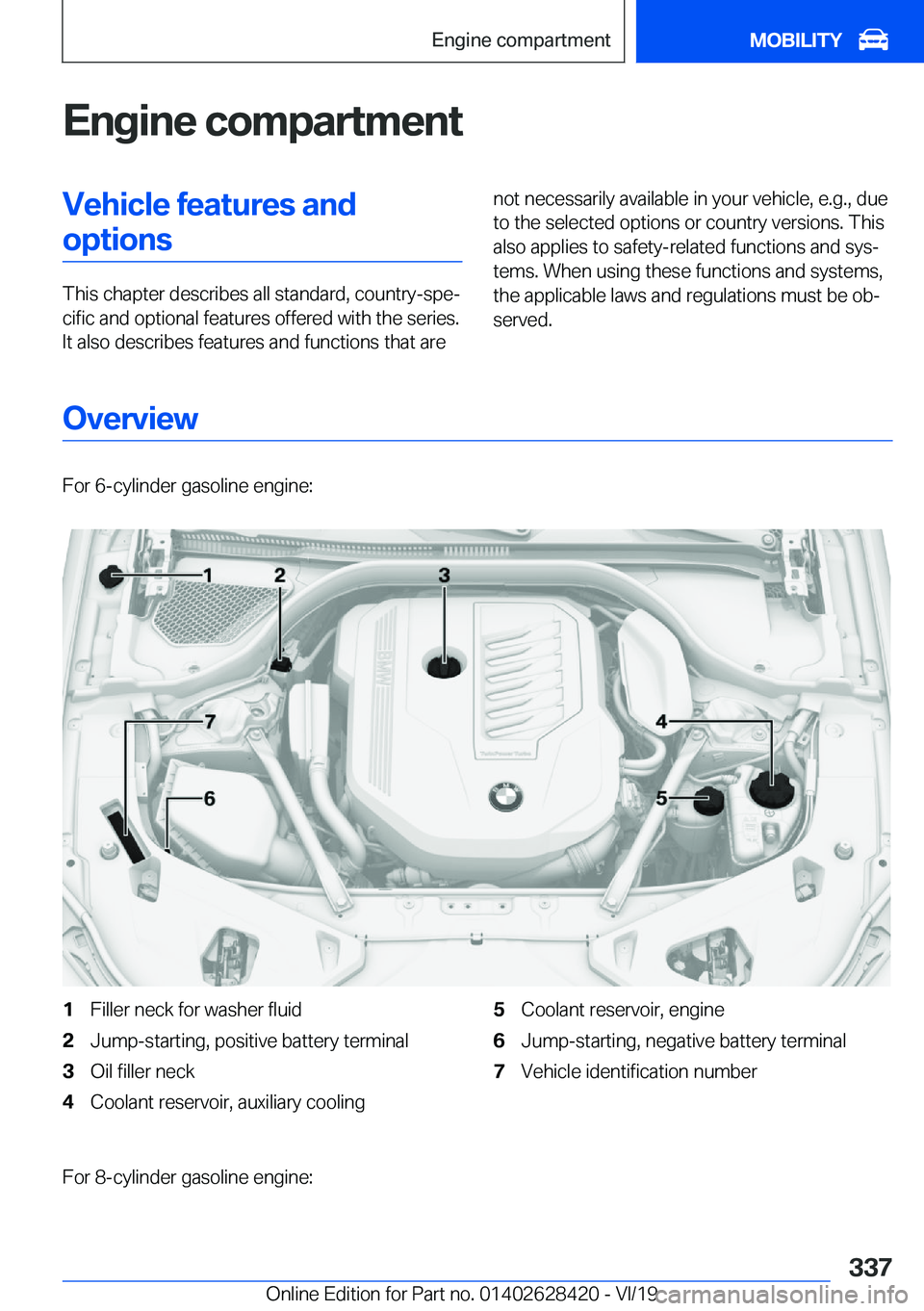 BMW 8 SERIES GRAN COUPE 2020  Owners Manual �E�n�g�i�n�e��c�o�m�p�a�r�t�m�e�n�t�V�e�h�i�c�l�e��f�e�a�t�u�r�e�s��a�n�d�o�p�t�i�o�n�s
�T�h�i�s��c�h�a�p�t�e�r��d�e�s�c�r�i�b�e�s��a�l�l��s�t�a�n�d�a�r�d�,��c�o�u�n�t�r�y�-�s�p�ej�c�i�f�i�c�