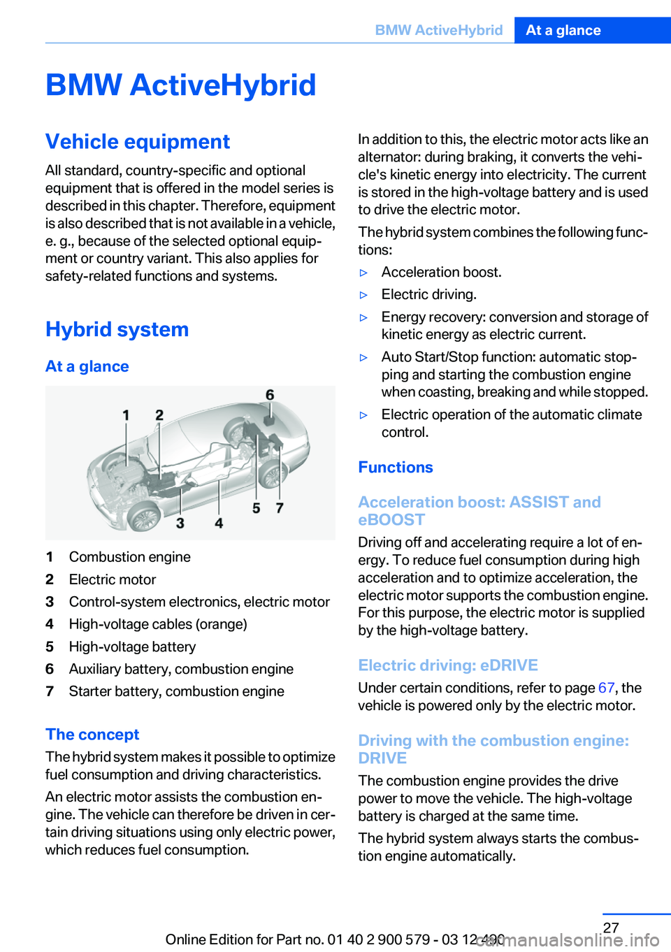 BMW ACTIVEHYBRID 5 2012  Owners Manual BMW ActiveHybridVehicle equipment
All standard, country-specific and optional
equipment that is offered in the model series is
described in this chapter. Therefore, equipment
is also described that is