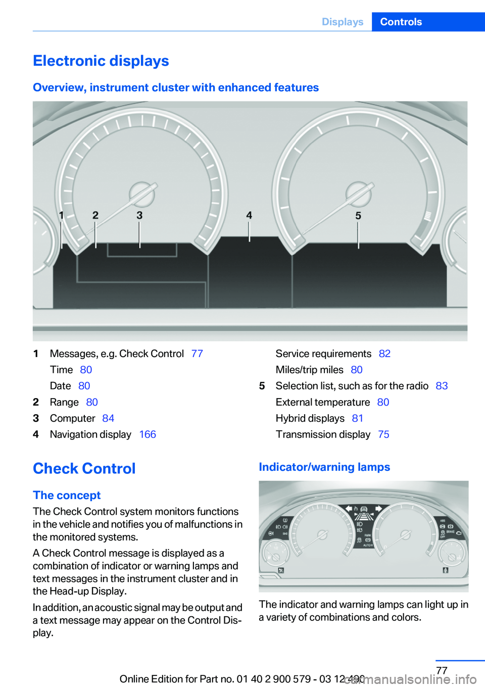 BMW ACTIVEHYBRID 5 2012 Manual PDF Electronic displays
Overview, instrument cluster with enhanced features1Messages, e.g. Check Control   77
Time   80
Date   802Range   803Computer   844Navigation display   166S