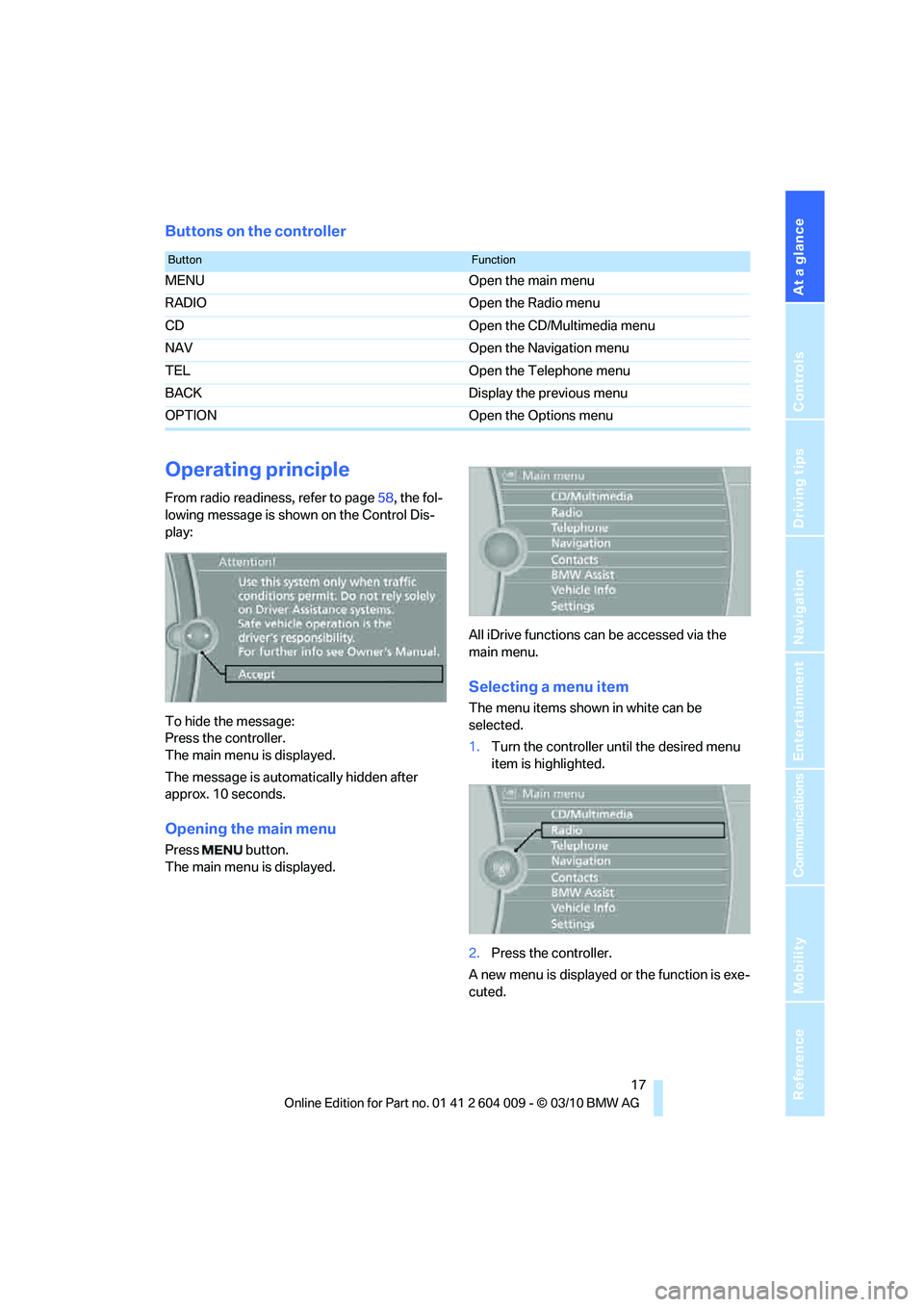 BMW ACTIVEHYBRID X6 2011 User Guide At a glance
 17Reference
Controls
Driving tips
Communications
Navigation
Entertainment
Mobility
Buttons on the controller
Operating principle
From radio readiness, refer to page58, the fol-
lowing mes