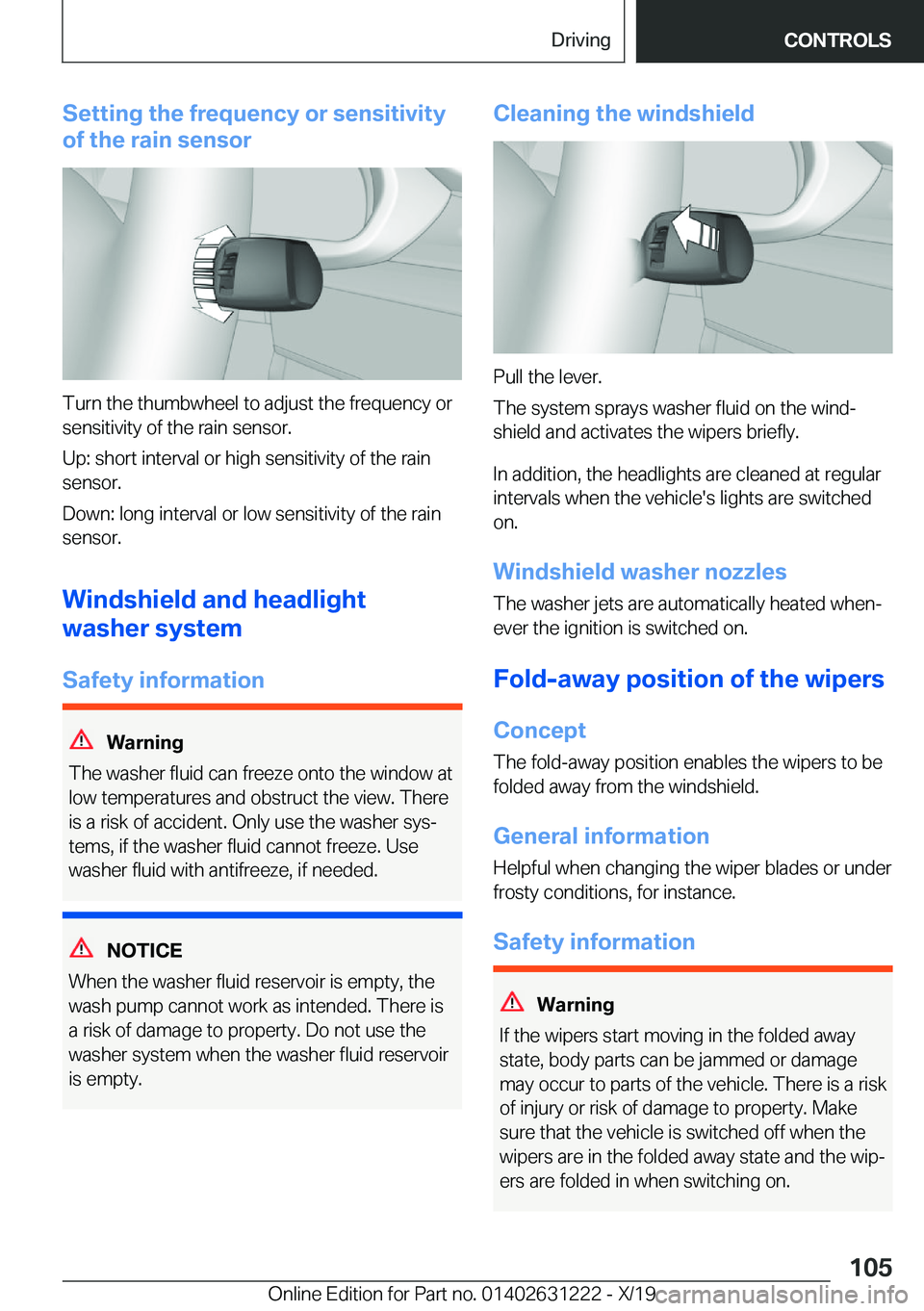 BMW M2 2020  Owners Manual �S�e�t�t�i�n�g��t�h�e��f�r�e�q�u�e�n�c�y��o�r��s�e�n�s�i�t�i�v�i�t�y
�o�f��t�h�e��r�a�i�n��s�e�n�s�o�r
�T�u�r�n��t�h�e��t�h�u�m�b�w�h�e�e�l��t�o��a�d�j�u�s�t��t�h�e��f�r�e�q�u�e�n�c�y��o