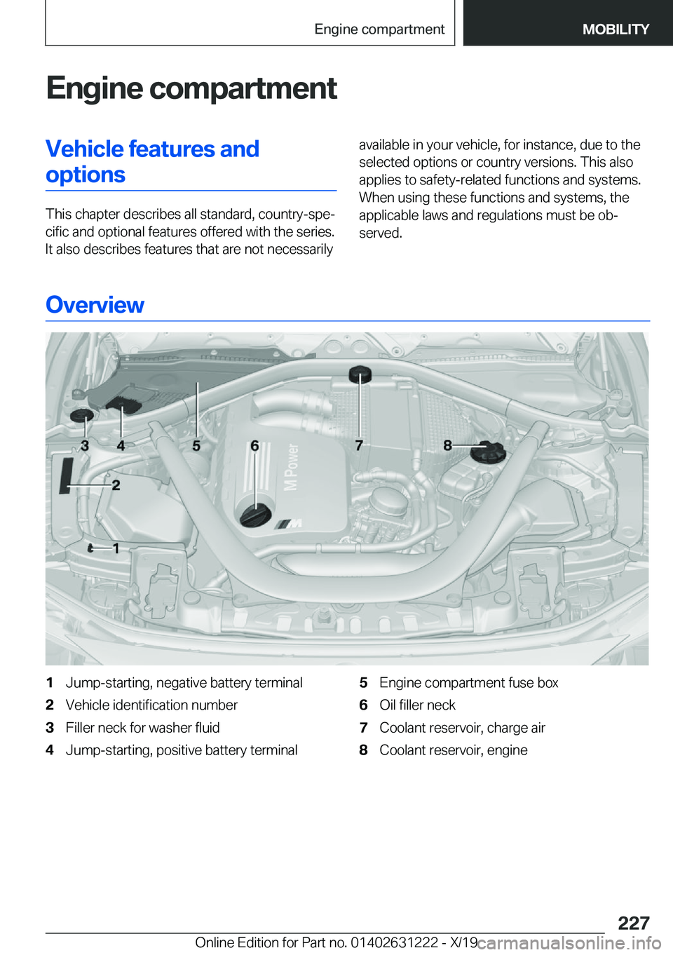 BMW M2 2020  Owners Manual �E�n�g�i�n�e��c�o�m�p�a�r�t�m�e�n�t�V�e�h�i�c�l�e��f�e�a�t�u�r�e�s��a�n�d�o�p�t�i�o�n�s
�T�h�i�s��c�h�a�p�t�e�r��d�e�s�c�r�i�b�e�s��a�l�l��s�t�a�n�d�a�r�d�,��c�o�u�n�t�r�y�-�s�p�e#j�c�i�f�i�c�