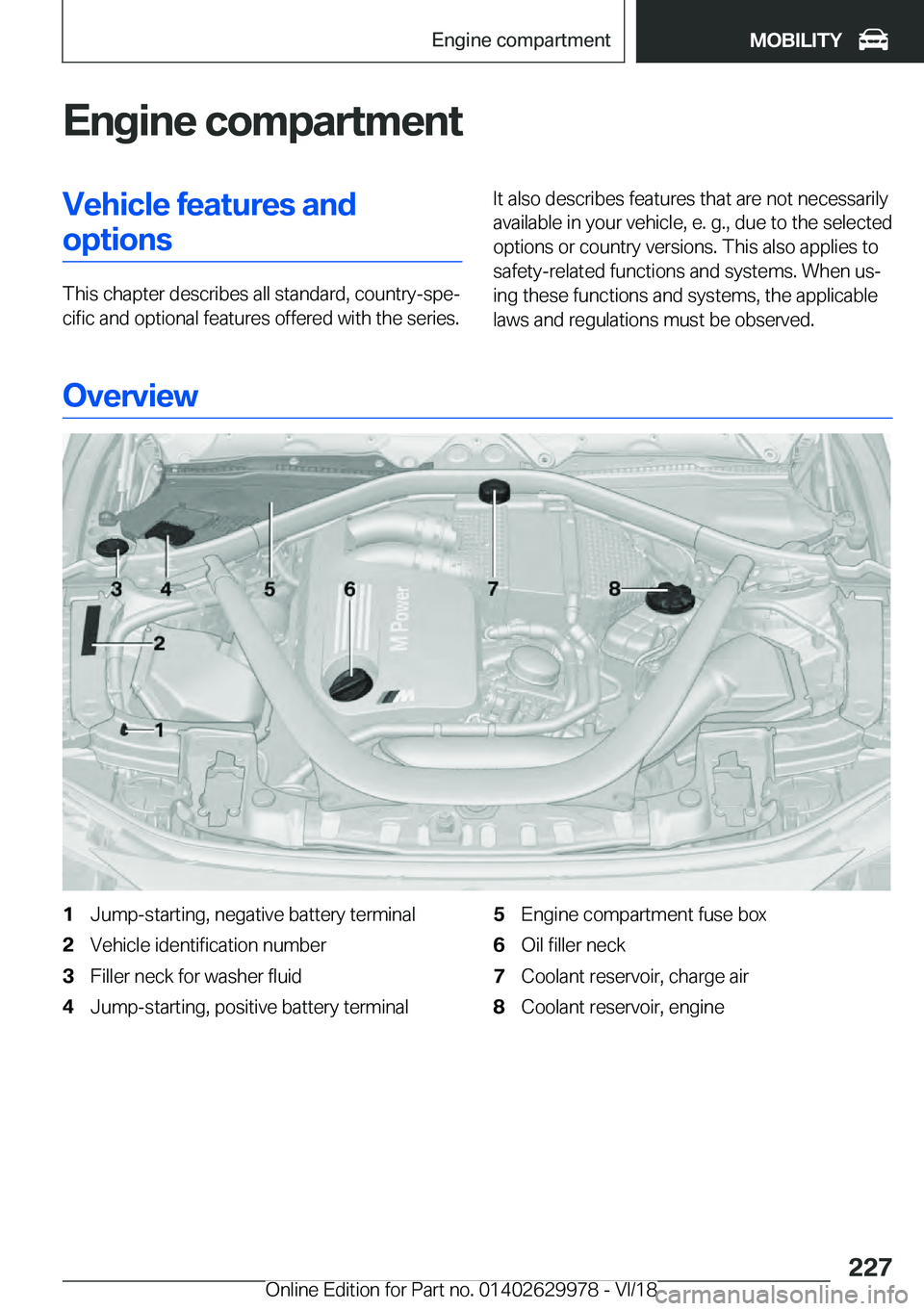 BMW M2 2019  Owners Manual �E�n�g�i�n�e��c�o�m�p�a�r�t�m�e�n�t
�V�e�h�i�c�l�e��f�e�a�t�u�r�e�s��a�n�d
�o�p
�t
�i�o�n�s �T�h�i�s��c�h�a�p�t�e�r��d�e�s�c�r�i�b�e�s��a�l�l��s�t�a�n�d�a�r�d�,��c�o�u�n�t�r�y�-�s�p�ej
�c�i�f
