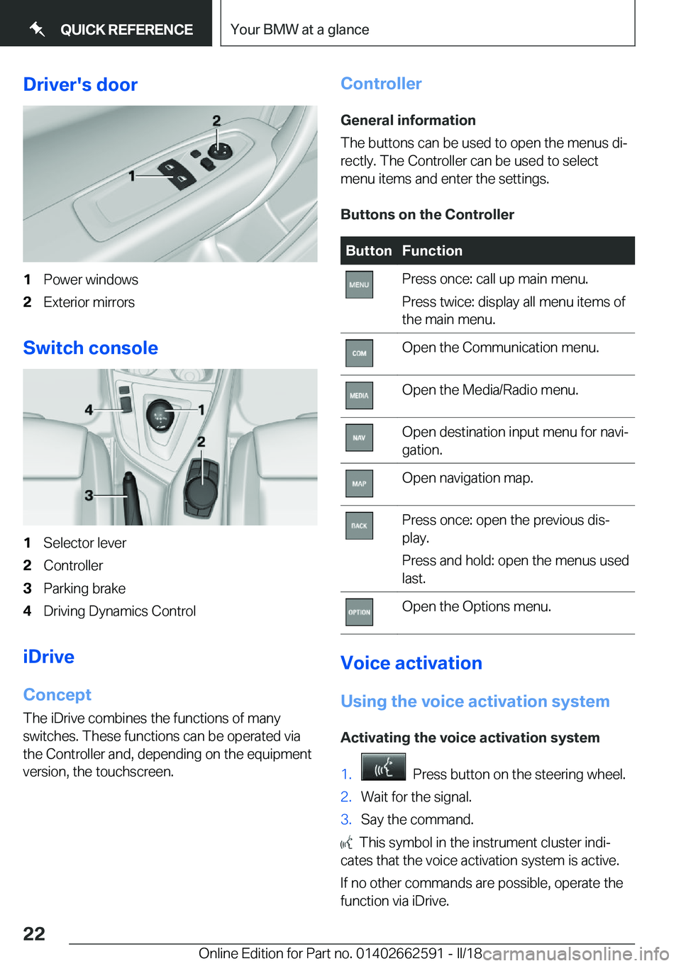 BMW M2 2018 Owners Manual �D�r�i�v�e�r�'�s��d�o�o�r�1�P�o�w�e�r� �w�i�n�d�o�w�s�2�E�x�t�e�r�i�o�r� �m�i�r�r�o�r�s
�S�w�i�t�c�h��c�o�n�s�o�l�e
�1�S�e�l�e�c�t�o�r� �l�e�v�e�r�2�C�o�n�t�r�o�l�l�e�r�3�P�a�r�k�i�n�g� �b�r�a�k