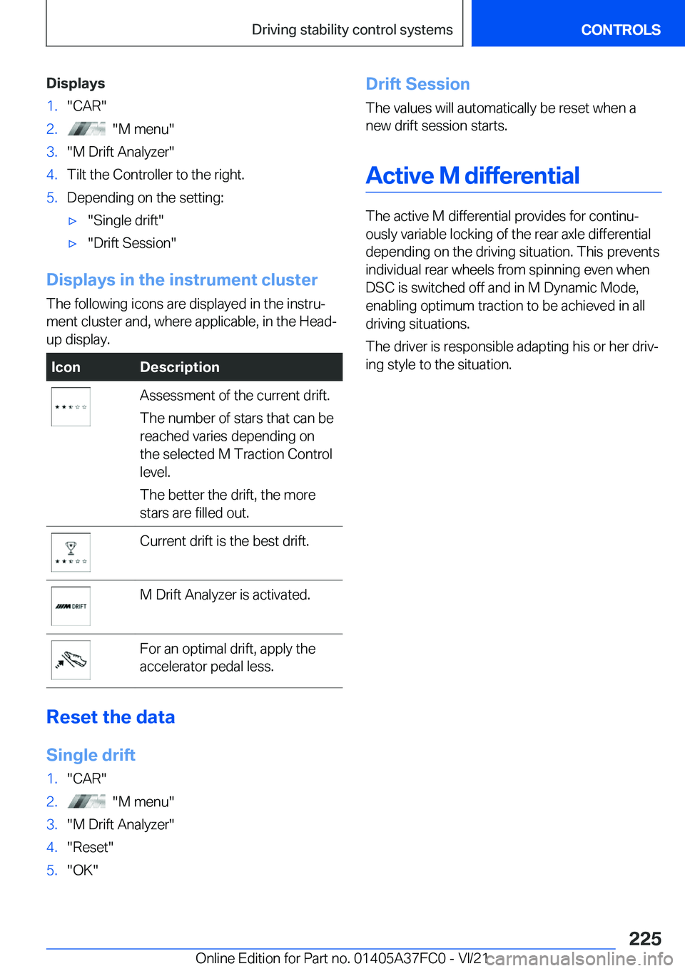 BMW M3 2022  Owners Manual �D�i�s�p�l�a�y�s�1�.�"�C�A�R�"�2�.���"�M��m�e�n�u�"�3�.�"�M��D�r�i�f�t��A�n�a�l�y�z�e�r�"�4�.�T�i�l�t��t�h�e��C�o�n�t�r�o�l�l�e�r��t�o��t�h�e��r�i�g�h�t�.�5�.�D�e�p�e