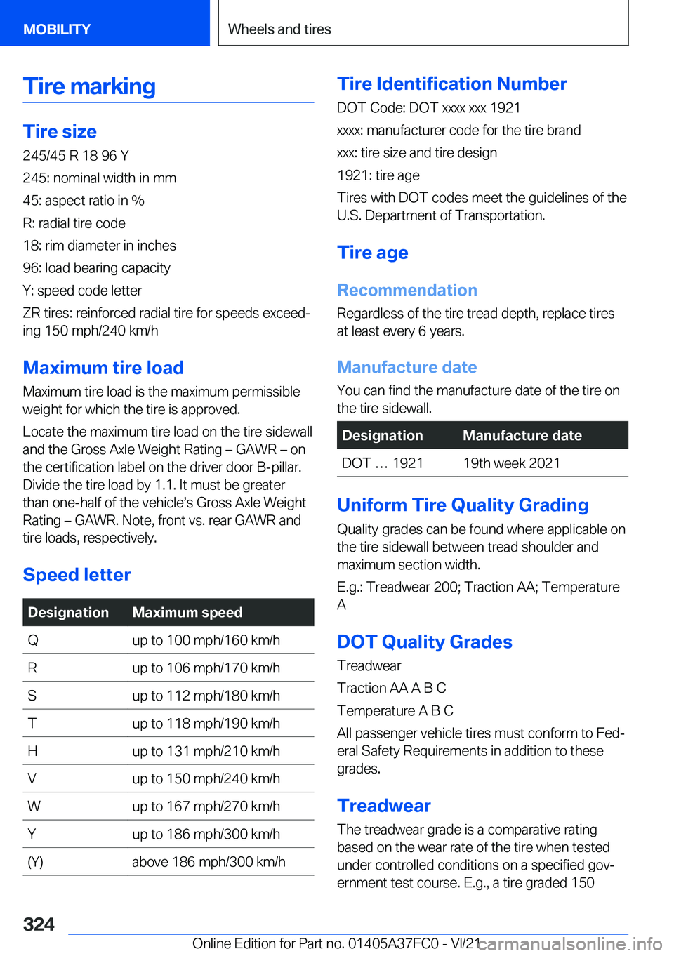 BMW M3 2022  Owners Manual �T�i�r�e��m�a�r�k�i�n�g
�T�i�r�e��s�i�z�e�2�4�5�/�4�5��R��1�8��9�6��Y
�2�4�5�:��n�o�m�i�n�a�l��w�i�d�t�h��i�n��m�m
�4�5�:��a�s�p�e�c�t��r�a�t�i�o��i�n��%
�R�:��r�a�d�i�a�l��t�i�r�e��c