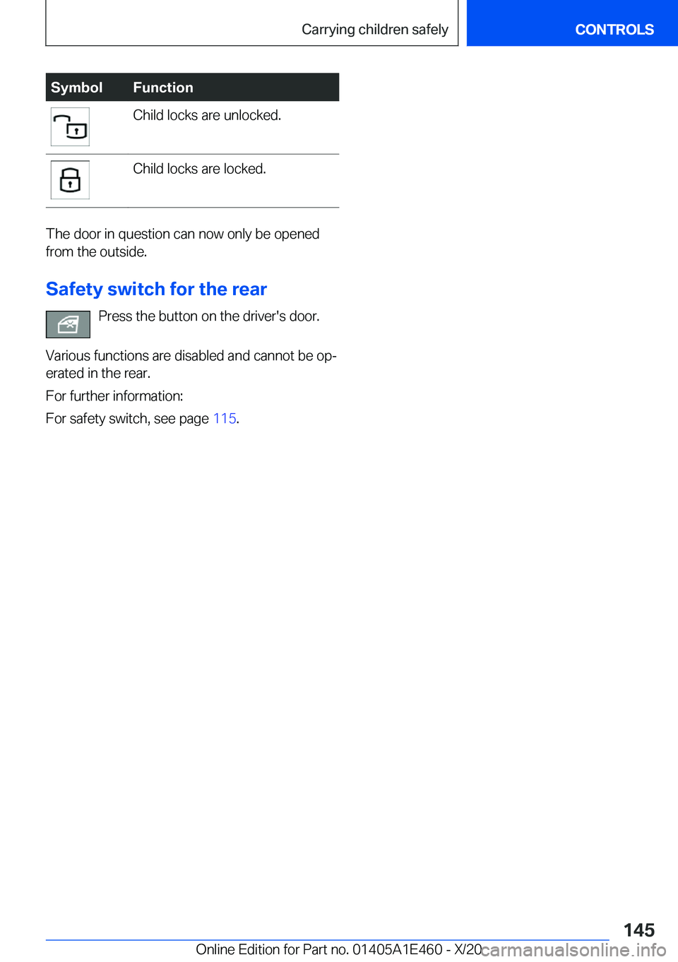 BMW M3 2021  Owners Manual �S�y�m�b�o�l�F�u�n�c�t�i�o�n�C�h�i�l�d��l�o�c�k�s��a�r�e��u�n�l�o�c�k�e�d�.�C�h�i�l�d��l�o�c�k�s��a�r�e��l�o�c�k�e�d�.
�T�h�e��d�o�o�r��i�n��q�u�e�s�t�i�o�n��c�a�n��n�o�w��o�n�l�y��b�e��