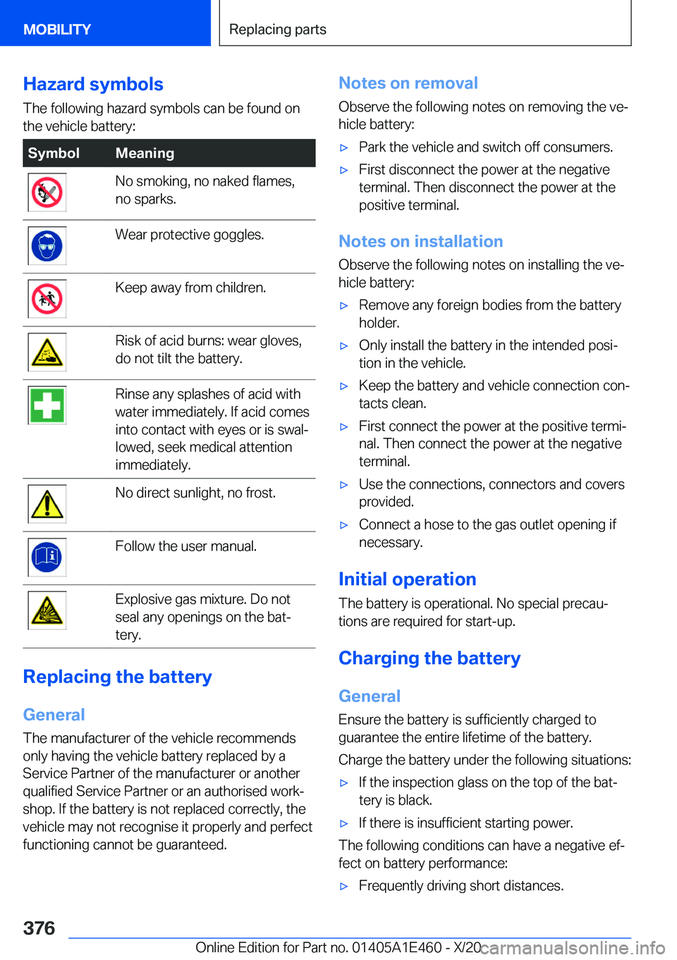 BMW M3 2021  Owners Manual �H�a�z�a�r�d��s�y�m�b�o�l�s�T�h�e��f�o�l�l�o�w�i�n�g��h�a�z�a�r�d��s�y�m�b�o�l�s��c�a�n��b�e��f�o�u�n�d��o�n
�t�h�e��v�e�h�i�c�l�e��b�a�t�t�e�r�y�:�S�y�m�b�o�l�M�e�a�n�i�n�g�N�o��s�m�o�k�i�