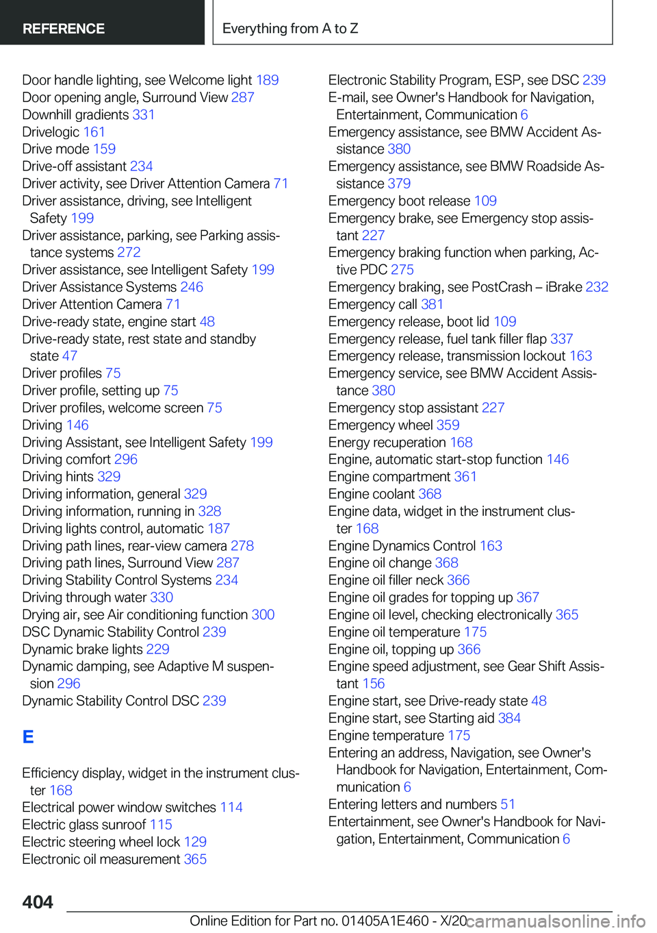 BMW M3 2021  Owners Manual �D�o�o�r��h�a�n�d�l�e��l�i�g�h�t�i�n�g�,��s�e�e��W�e�l�c�o�m�e��l�i�g�h�t��1�8�9�
�D�o�o�r��o�p�e�n�i�n�g��a�n�g�l�e�,��S�u�r�r�o�u�n�d��V�i�e�w� �2�8�7�
�D�o�w�n�h�i�l�l��g�r�a�d�i�e�n�