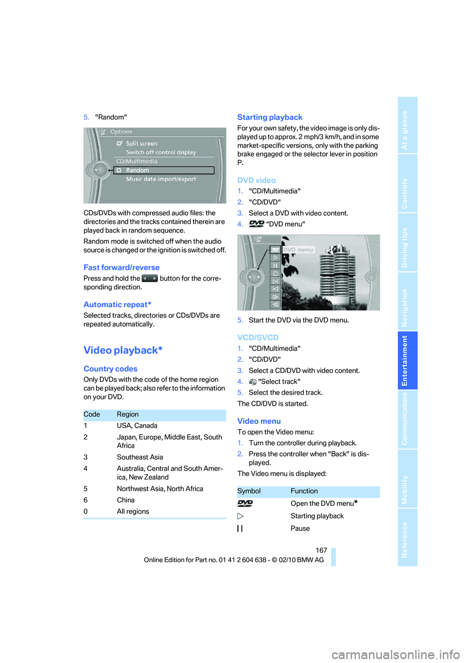 BMW M3 CONVERTIBLE 2011  Owners Manual Navigation
Entertainment
Driving tips
 167Reference
At a glance
Controls
Communications
Mobility
5."Random"
CDs/DVDs with compressed audio files: the 
directories and the tracks contained therein are 