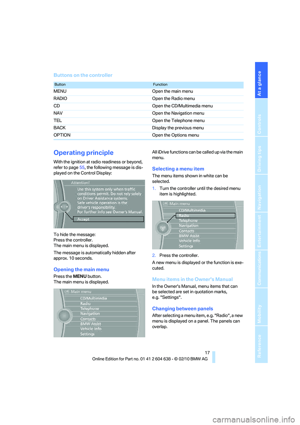 BMW M3 CONVERTIBLE 2011 User Guide At a glance
 17Reference
Controls
Driving tips
Communications
Navigation
Entertainment
Mobility
Buttons on the controller
Operating principle
With the ignition at radio readiness or beyond, 
refer to 