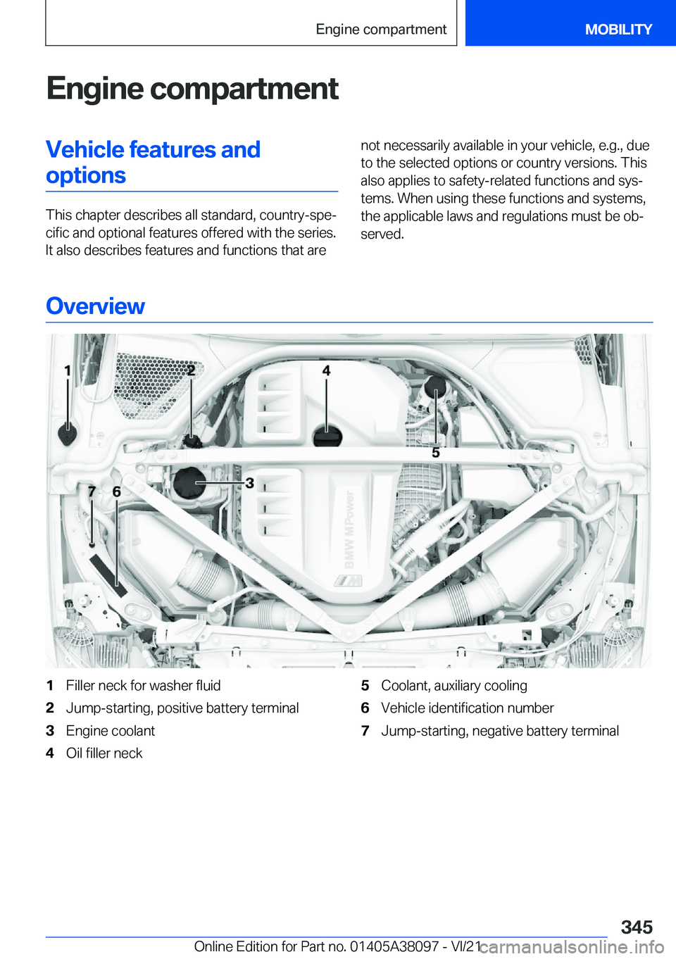 BMW M4 2022  Owners Manual �E�n�g�i�n�e��c�o�m�p�a�r�t�m�e�n�t�V�e�h�i�c�l�e��f�e�a�t�u�r�e�s��a�n�d�o�p�t�i�o�n�s
�T�h�i�s��c�h�a�p�t�e�r��d�e�s�c�r�i�b�e�s��a�l�l��s�t�a�n�d�a�r�d�,��c�o�u�n�t�r�y�-�s�p�e#j�c�i�f�i�c�