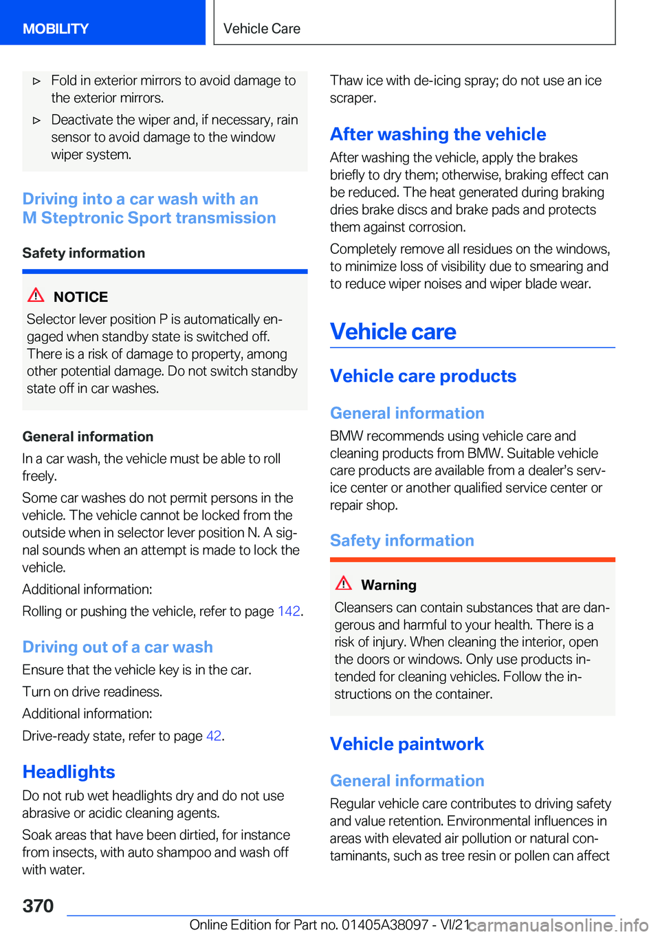 BMW M4 2022  Owners Manual 'x�F�o�l�d��i�n��e�x�t�e�r�i�o�r��m�i�r�r�o�r�s��t�o��a�v�o�i�d��d�a�m�a�g�e��t�o
�t�h�e��e�x�t�e�r�i�o�r��m�i�r�r�o�r�s�.'x�D�e�a�c�t�i�v�a�t�e��t�h�e��w�i�p�e�r��a�n�d�,��i�f��