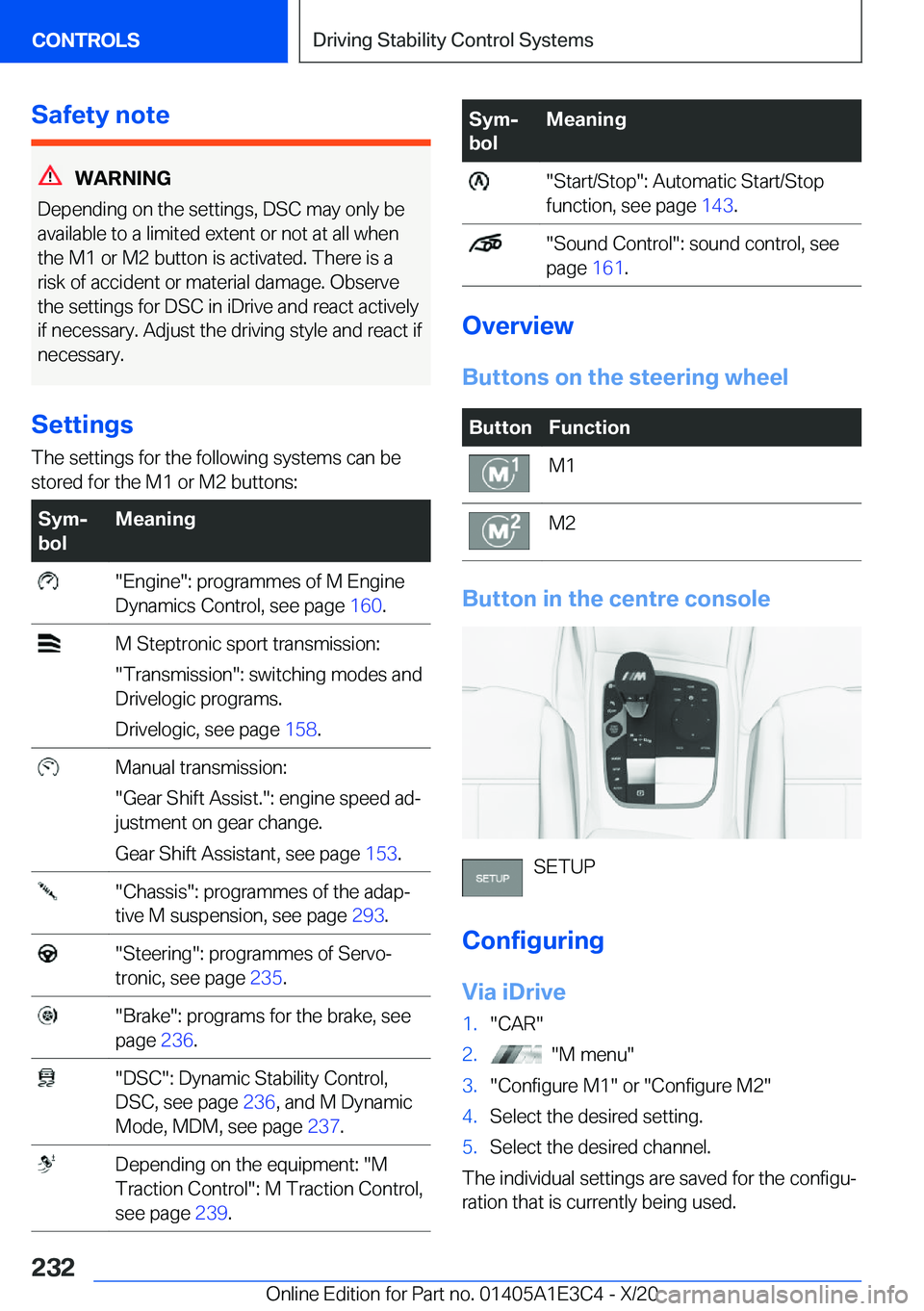 BMW M4 2021  Owners Manual �S�a�f�e�t�y��n�o�t�e
�W�A�R�N�I�N�G
�D�e�p�e�n�d�i�n�g��o�n��t�h�e��s�e�t�t�i�n�g�s�,��D�S�C��m�a�y��o�n�l�y��b�e
�a�v�a�i�l�a�b�l�e��t�o��a��l�i�m�i�t�e�d��e�x�t�e�n�t��o�r��n�o�t��a�