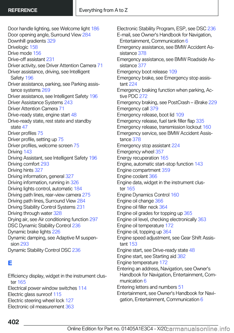 BMW M4 2021  Owners Manual �D�o�o�r��h�a�n�d�l�e��l�i�g�h�t�i�n�g�,��s�e�e��W�e�l�c�o�m�e��l�i�g�h�t��1�8�6�
�D�o�o�r��o�p�e�n�i�n�g��a�n�g�l�e�,��S�u�r�r�o�u�n�d��V�i�e�w� �2�8�4�
�D�o�w�n�h�i�l�l��g�r�a�d�i�e�n�