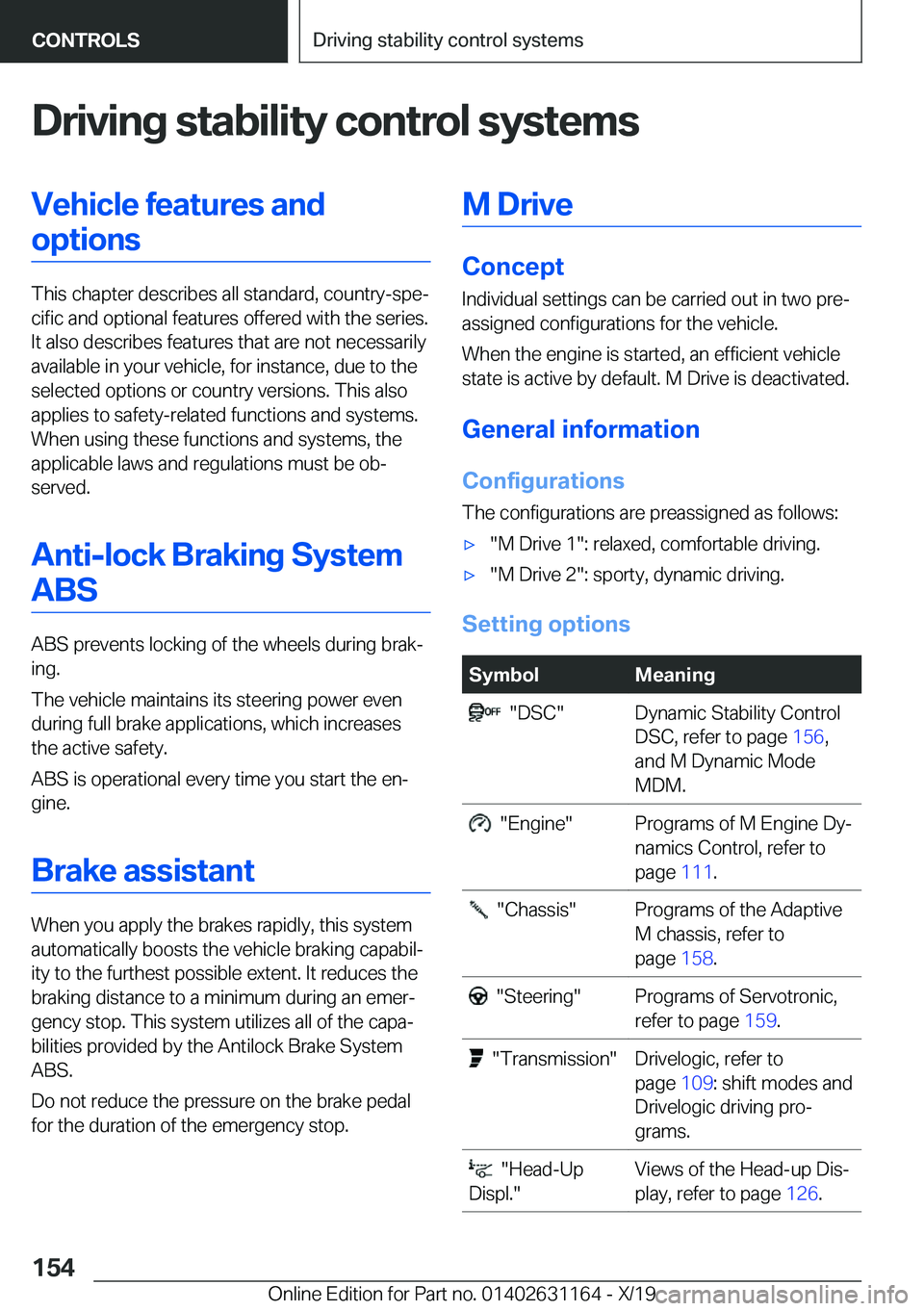 BMW M4 2020  Owners Manual �D�r�i�v�i�n�g��s�t�a�b�i�l�i�t�y��c�o�n�t�r�o�l��s�y�s�t�e�m�s�V�e�h�i�c�l�e��f�e�a�t�u�r�e�s��a�n�d�o�p�t�i�o�n�s
�T�h�i�s��c�h�a�p�t�e�r��d�e�s�c�r�i�b�e�s��a�l�l��s�t�a�n�d�a�r�d�,��c�o�
