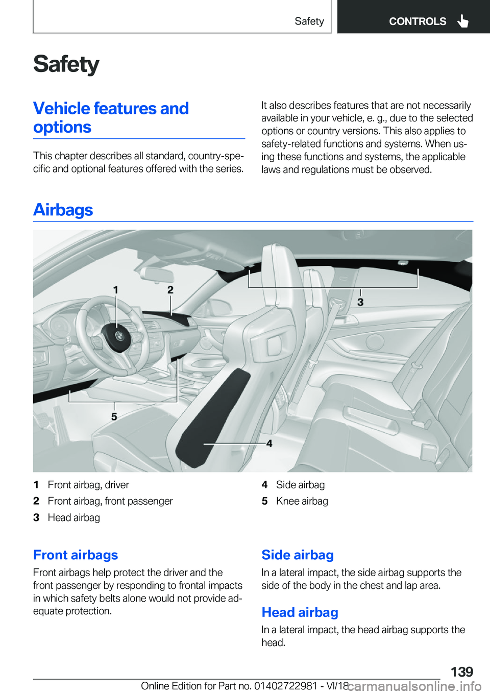 BMW M4 2019  Owners Manual �S�a�f�e�t�y�V�e�h�i�c�l�e��f�e�a�t�u�r�e�s��a�n�d�o�p�t�i�o�n�s
�T�h�i�s��c�h�a�p�t�e�r��d�e�s�c�r�i�b�e�s��a�l�l��s�t�a�n�d�a�r�d�,��c�o�u�n�t�r�y�-�s�p�ej�c�i�f�i�c��a�n�d��o�p�t�i�o�n�a�