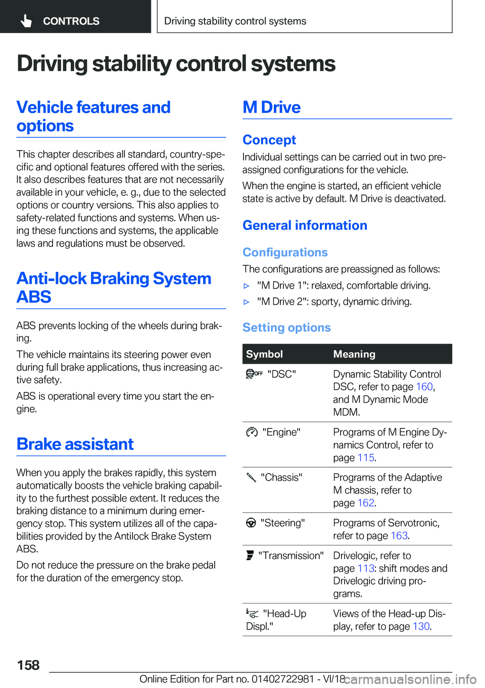 BMW M4 2019  Owners Manual �D�r�i�v�i�n�g��s�t�a�b�i�l�i�t�y��c�o�n�t�r�o�l��s�y�s�t�e�m�s�V�e�h�i�c�l�e��f�e�a�t�u�r�e�s��a�n�d�o�p�t�i�o�n�s
�T�h�i�s��c�h�a�p�t�e�r��d�e�s�c�r�i�b�e�s��a�l�l��s�t�a�n�d�a�r�d�,��c�o�