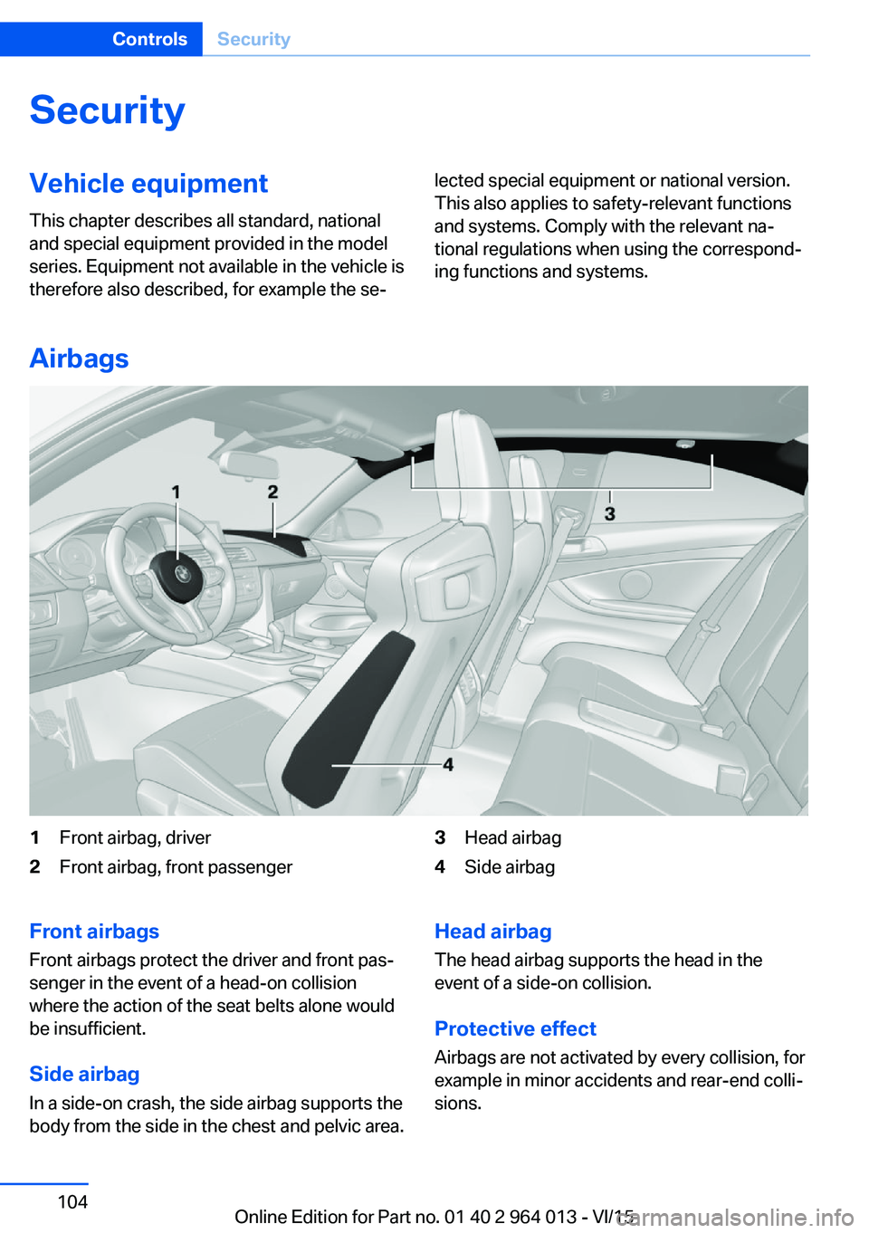 BMW M4 2016  Owners Manual SecurityVehicle equipment
This chapter describes all standard, national
and special equipment provided in the model
series. Equipment not available in the vehicle is
therefore also described, for exam