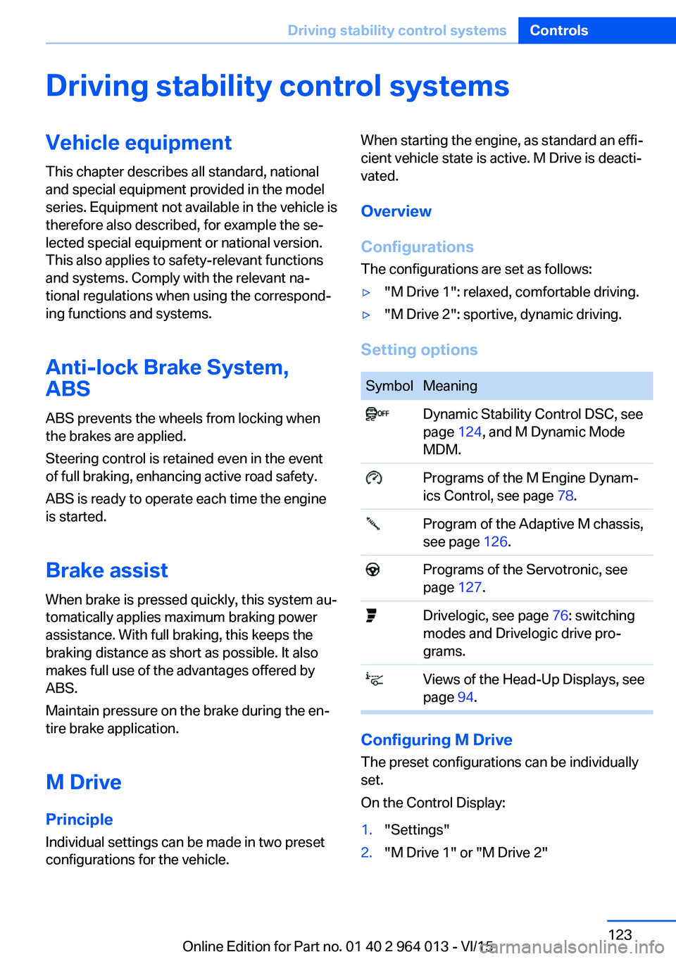 BMW M4 2016  Owners Manual Driving stability control systemsVehicle equipmentThis chapter describes all standard, national
and special equipment provided in the model
series. Equipment not available in the vehicle is
therefore 