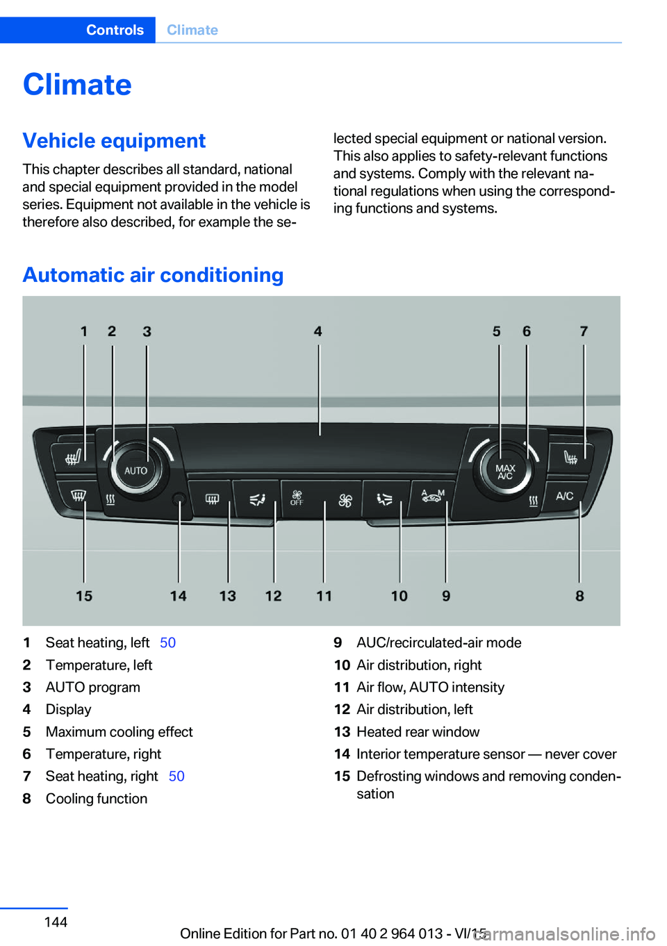 BMW M4 2016  Owners Manual ClimateVehicle equipmentThis chapter describes all standard, national
and special equipment provided in the model
series. Equipment not available in the vehicle is
therefore also described, for exampl