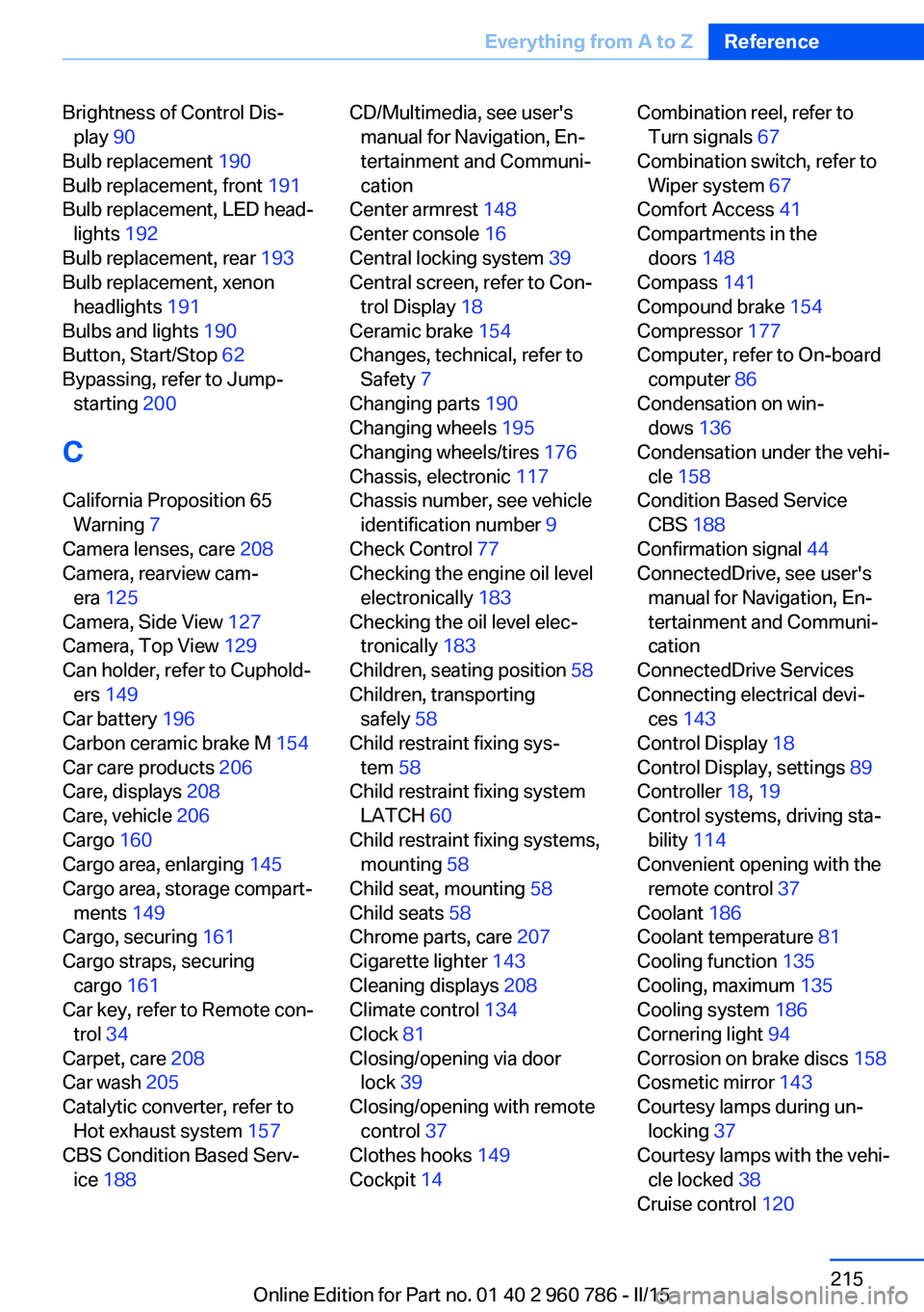 BMW M4 2015  Owners Manual Brightness of Control Dis‐play  90 
Bulb replacement  190 
Bulb replacement, front  191 
Bulb replacement, LED head‐ lights  192 
Bulb replacement, rear  193 
Bulb replacement, xenon headlights  1