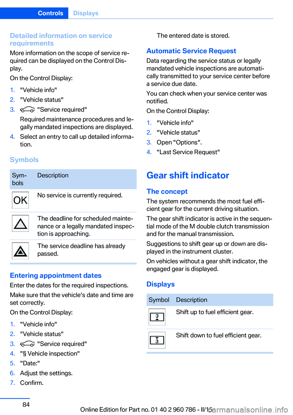 BMW M4 2015  Owners Manual Detailed information on service
requirements
More information on the scope of service re‐
quired can be displayed on the Control Dis‐
play.
On the Control Display:1."Vehicle info"2."Ve