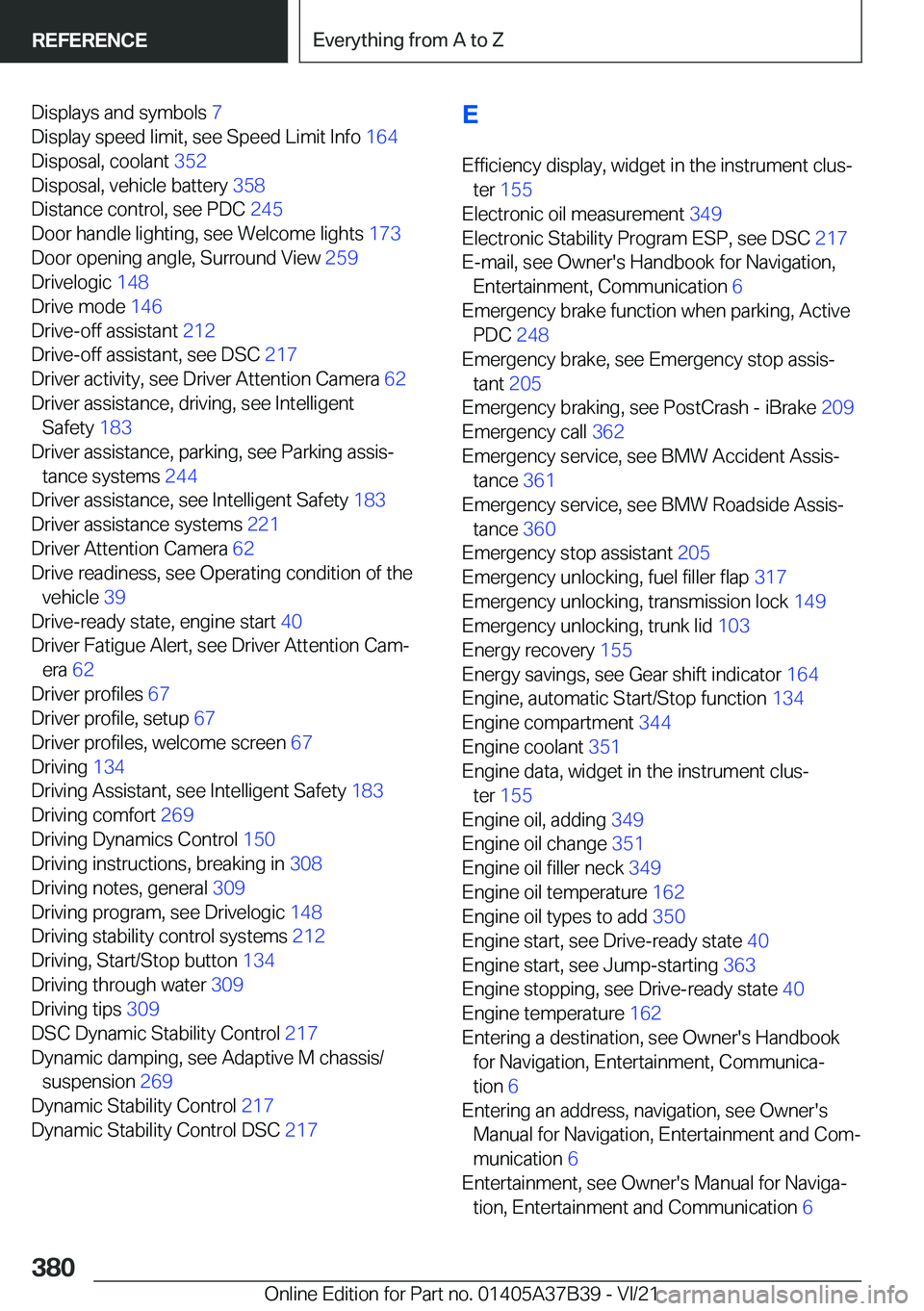 BMW M5 2022  Owners Manual �D�i�s�p�l�a�y�s��a�n�d��s�y�m�b�o�l�s��7�
�D�i�s�p�l�a�y��s�p�e�e�d��l�i�m�i�t�,��s�e�e��S�p�e�e�d��L�i�m�i�t��I�n�f�o� �1�6�4�
�D�i�s�p�o�s�a�l�,��c�o�o�l�a�n�t� �3�5�2�
�D�i�s�p�o�s�