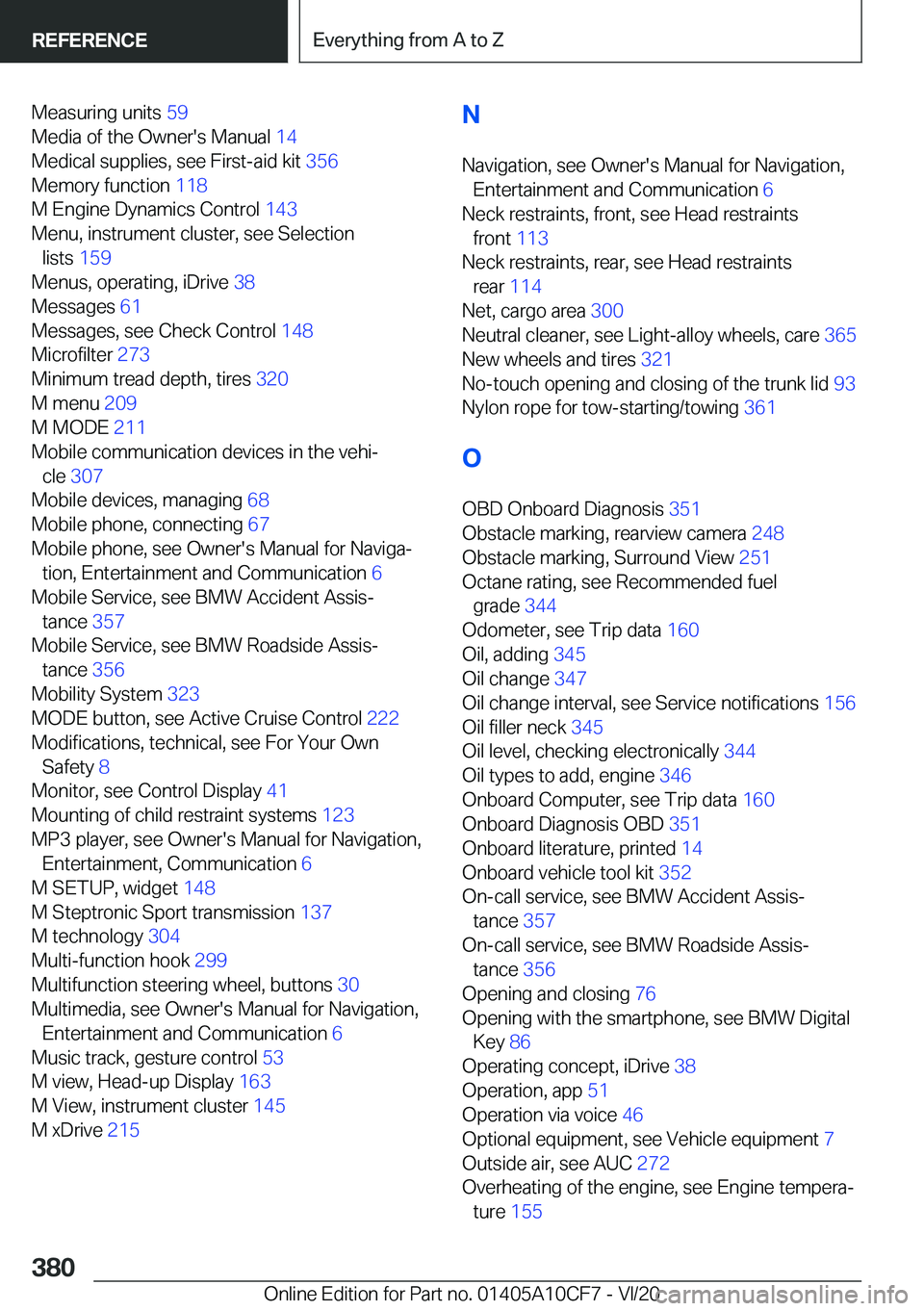 BMW M5 2021  Owners Manual �M�e�a�s�u�r�i�n�g��u�n�i�t�s��5�9�
�M�e�d�i�a��o�f��t�h�e��O�w�n�e�r�'�s��M�a�n�u�a�l� �1�4�
�M�e�d�i�c�a�l��s�u�p�p�l�i�e�s�,��s�e�e��F�i�r�s�t�-�a�i�d��k�i�t� �3�5�6�
�M�e�m�o�r�