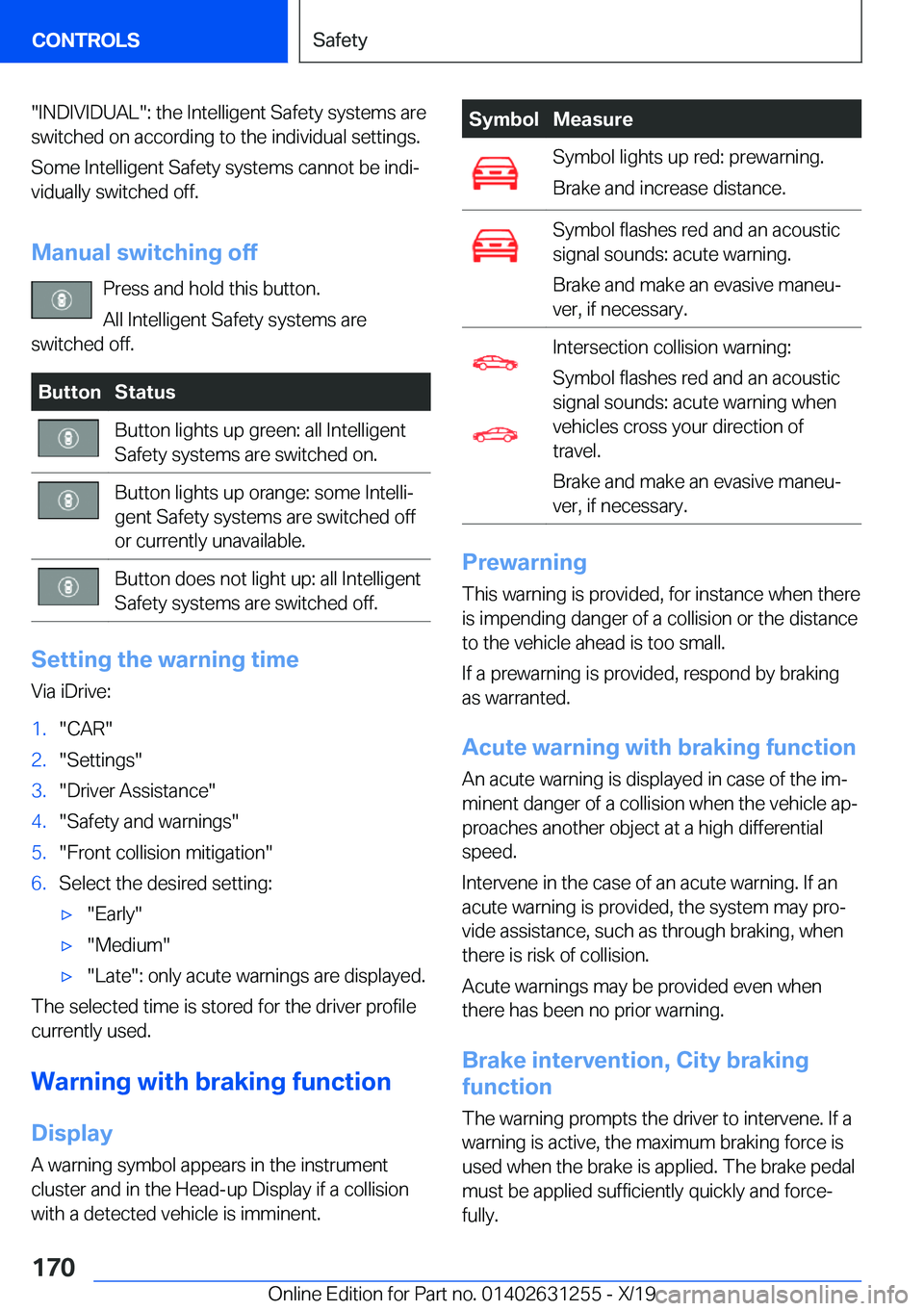 BMW M5 2020  Owners Manual �"�I�N�D�I�V�I�D�U�A�L�"�:��t�h�e��I�n�t�e�l�l�i�g�e�n�t��S�a�f�e�t�y��s�y�s�t�e�m�s��a�r�e
�s�w�i�t�c�h�e�d��o�n��a�c�c�o�r�d�i�n�g��t�o��t�h�e��i�n�d�i�v�i�d�u�a�l��s�e�t�t�i�n�g�