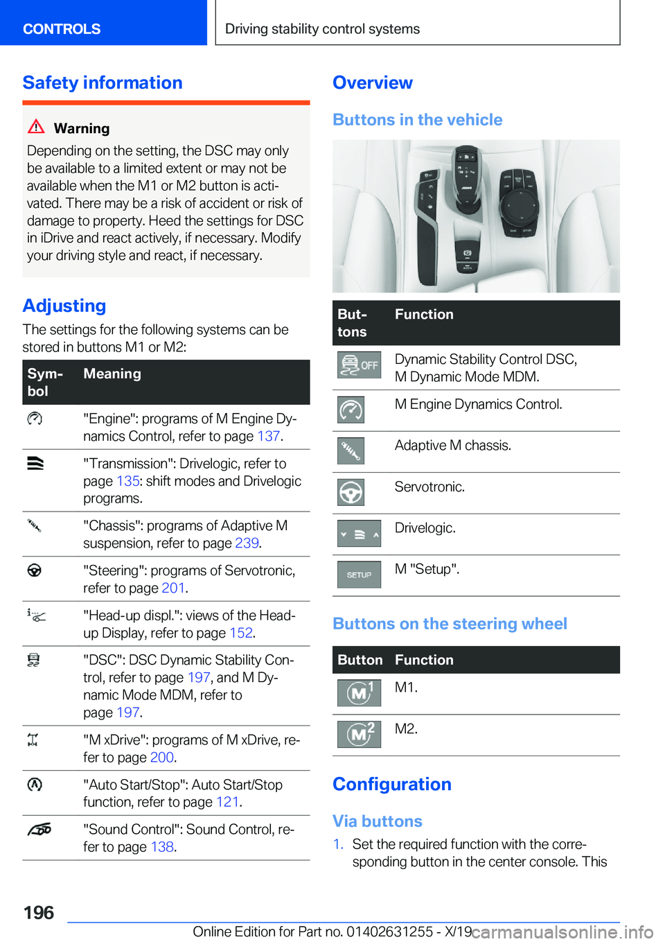 BMW M5 2020  Owners Manual �S�a�f�e�t�y��i�n�f�o�r�m�a�t�i�o�n
�W�a�r�n�i�n�g
�D�e�p�e�n�d�i�n�g��o�n��t�h�e��s�e�t�t�i�n�g�,��t�h�e��D�S�C��m�a�y��o�n�l�y �b�e��a�v�a�i�l�a�b�l�e��t�o��a��l�i�m�i�t�e�d��e�x�t�e�n�