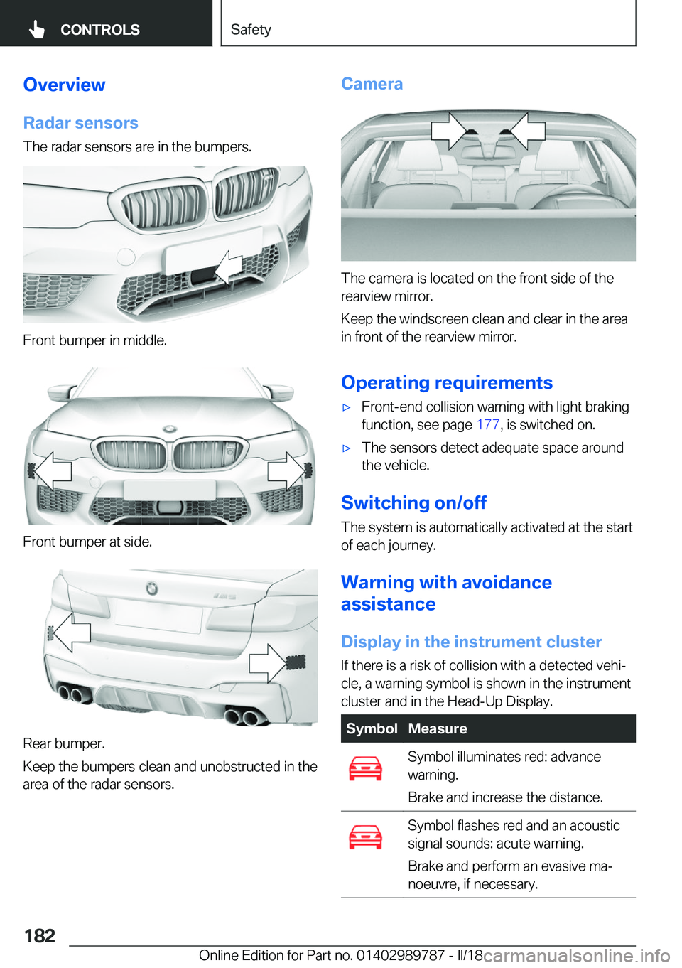 BMW M5 2018  Owners Manual �O�v�e�r�v�i�e�w�R�a�d�a�r��s�e�n�s�o�r�s
�T�h�e��r�a�d�a�r��s�e�n�s�o�r�s��a�r�e��i�n��t�h�e��b�u�m�p�e�r�s�.
�F�r�o�n�t��b�u�m�p�e�r��i�n��m�i�d�d�l�e�.
�F�r�o�n�t��b�u�m�p�e�r��a�t��s�