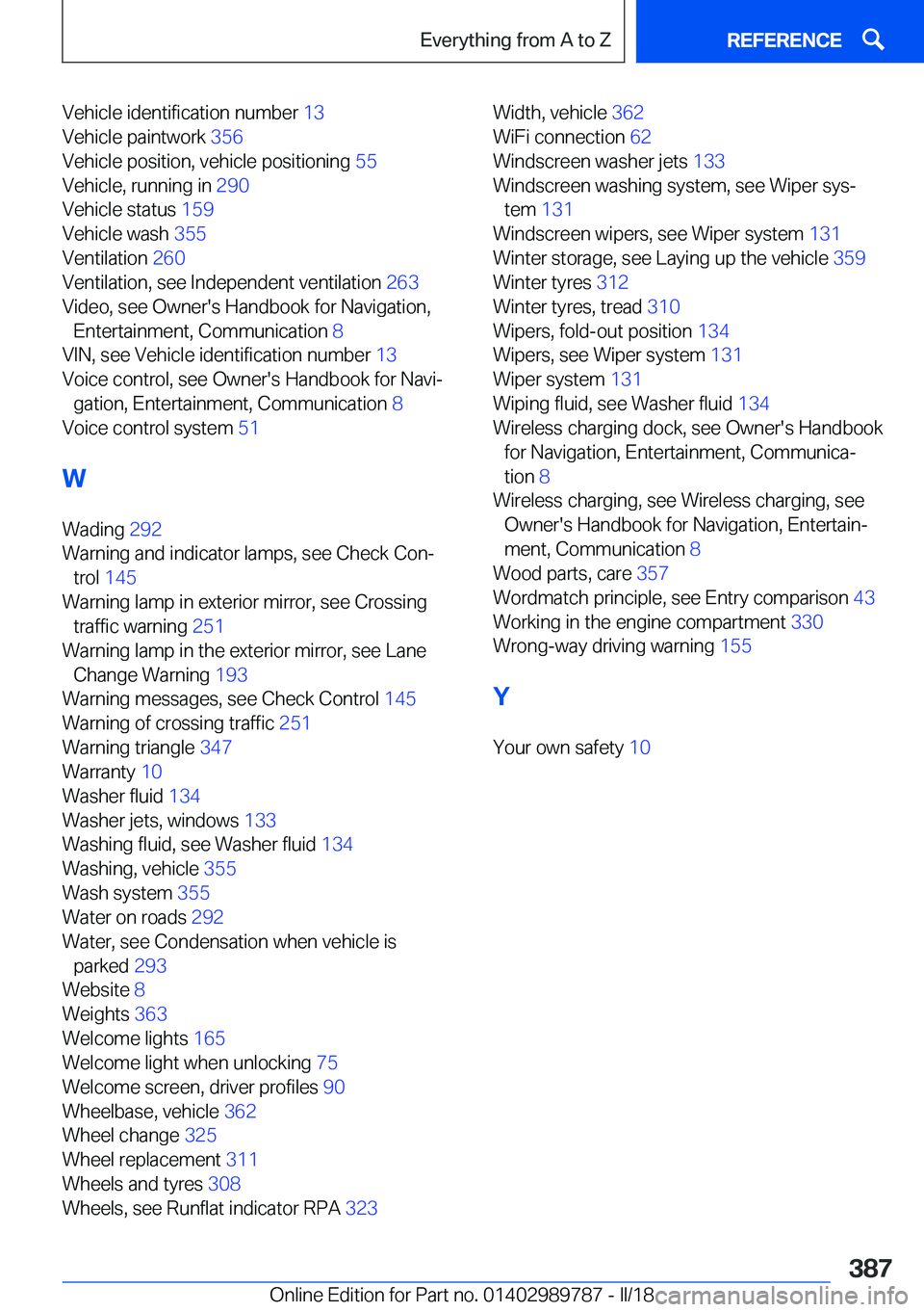 BMW M5 2018  Owners Manual �V�e�h�i�c�l�e��i�d�e�n�t�i�f�i�c�a�t�i�o�n��n�u�m�b�e�r��1�3�
�V�e�h�i�c�l�e��p�a�i�n�t�w�o�r�k� �3�5�6�
�V�e�h�i�c�l�e��p�o�s�i�t�i�o�n�,��v�e�h�i�c�l�e��p�o�s�i�t�i�o�n�i�n�g� �5�5�
�V�
