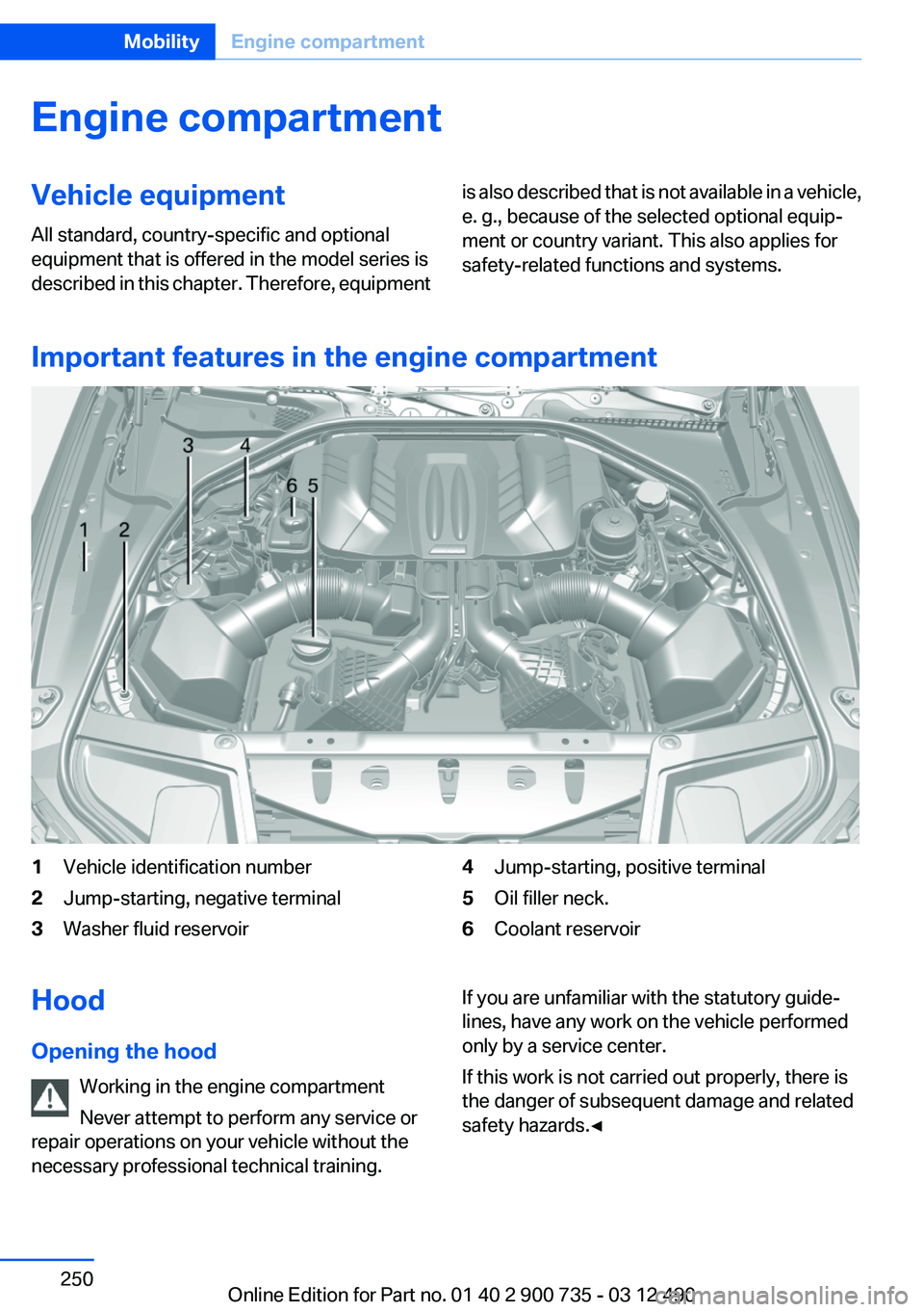 BMW M6 CONVERTIBLE 2012  Owners Manual Engine compartmentVehicle equipment
All standard, country-specific and optional
equipment that is offered in the model series is
described in this chapter. Therefore, equipmentis also described that i