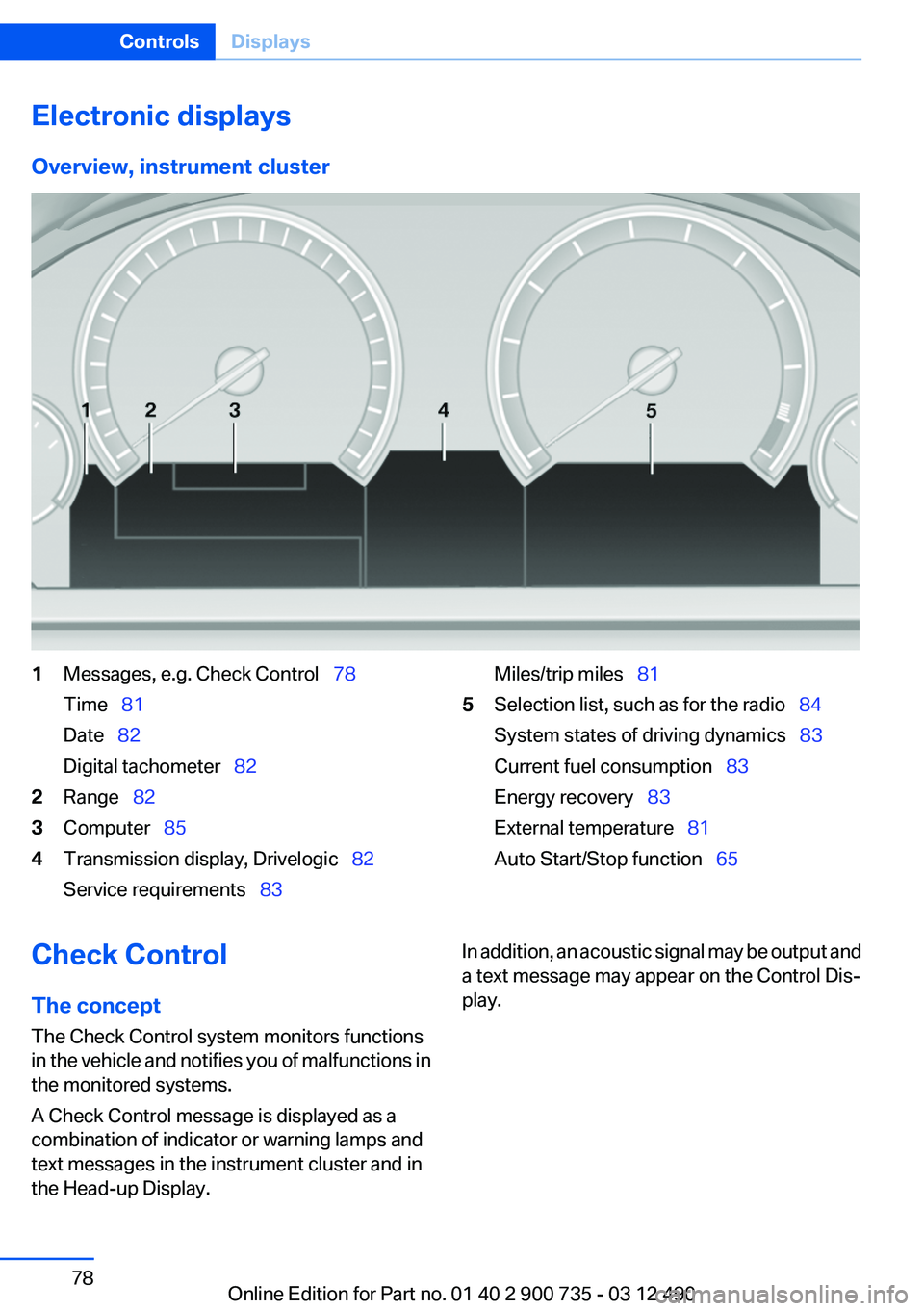 BMW M6 CONVERTIBLE 2012 Manual PDF Electronic displays
Overview, instrument cluster1Messages, e.g. Check Control   78
Time   81
Date   82
Digital tachometer   822Range  823Computer   854Transmission display, Dri