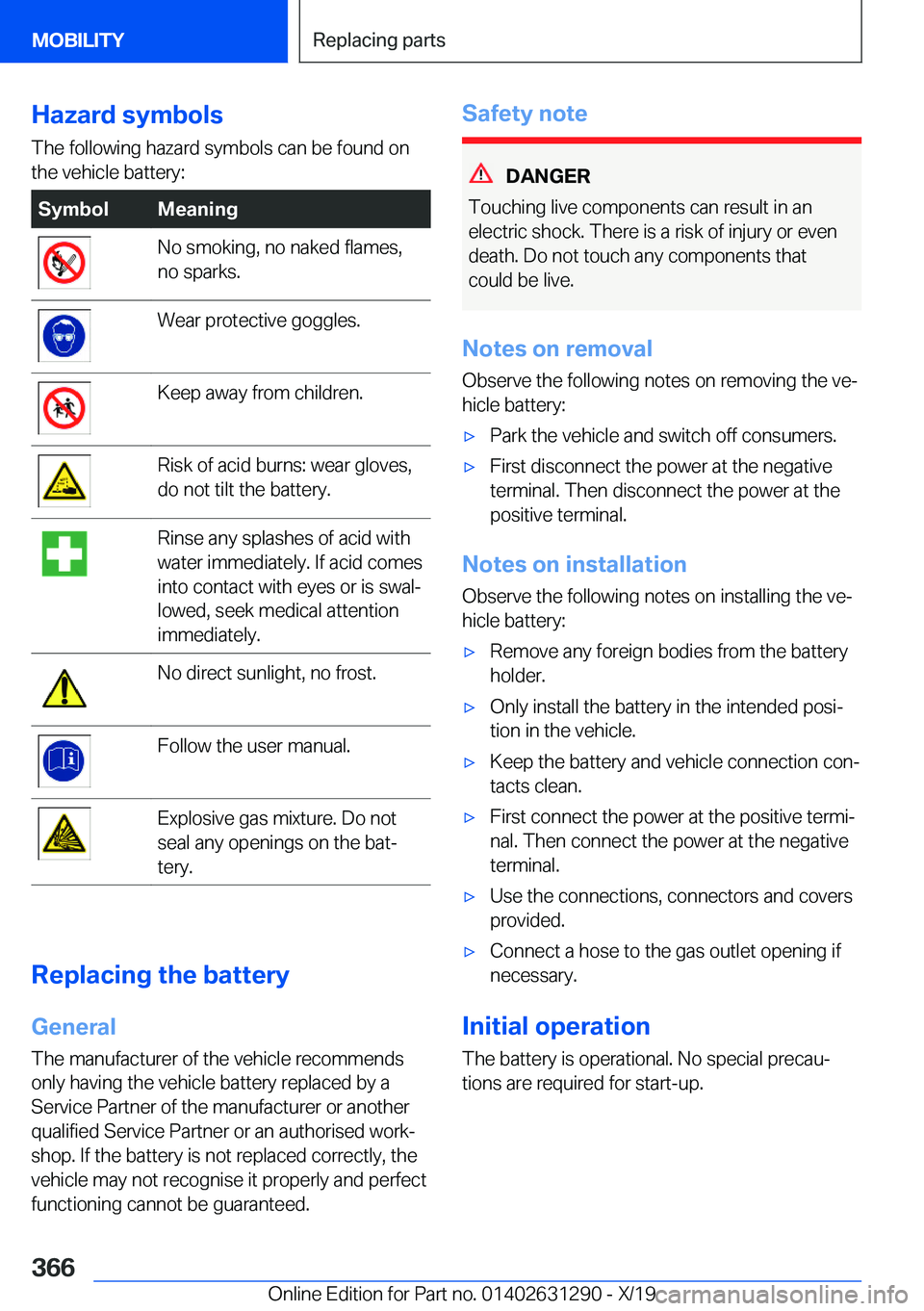 BMW M8 2020  Owners Manual �H�a�z�a�r�d��s�y�m�b�o�l�s�T�h�e��f�o�l�l�o�w�i�n�g��h�a�z�a�r�d��s�y�m�b�o�l�s��c�a�n��b�e��f�o�u�n�d��o�n
�t�h�e��v�e�h�i�c�l�e��b�a�t�t�e�r�y�:�S�y�m�b�o�l�M�e�a�n�i�n�g�N�o��s�m�o�k�i�