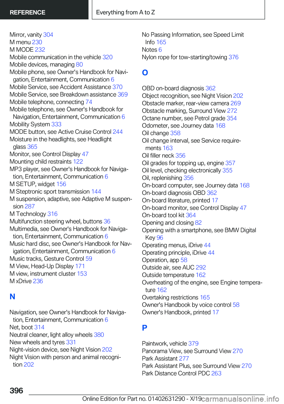 BMW M8 2020  Owners Manual �M�i�r�r�o�r�,��v�a�n�i�t�y��3�0�4�
�M��m�e�n�u� �2�3�0�
�M��M�O�D�E� �2�3�2�
�M�o�b�i�l�e��c�o�m�m�u�n�i�c�a�t�i�o�n��i�n��t�h�e��v�e�h�i�c�l�e� �3�2�0�
�M�o�b�i�l�e��d�e�v�i�c�e�s�,�