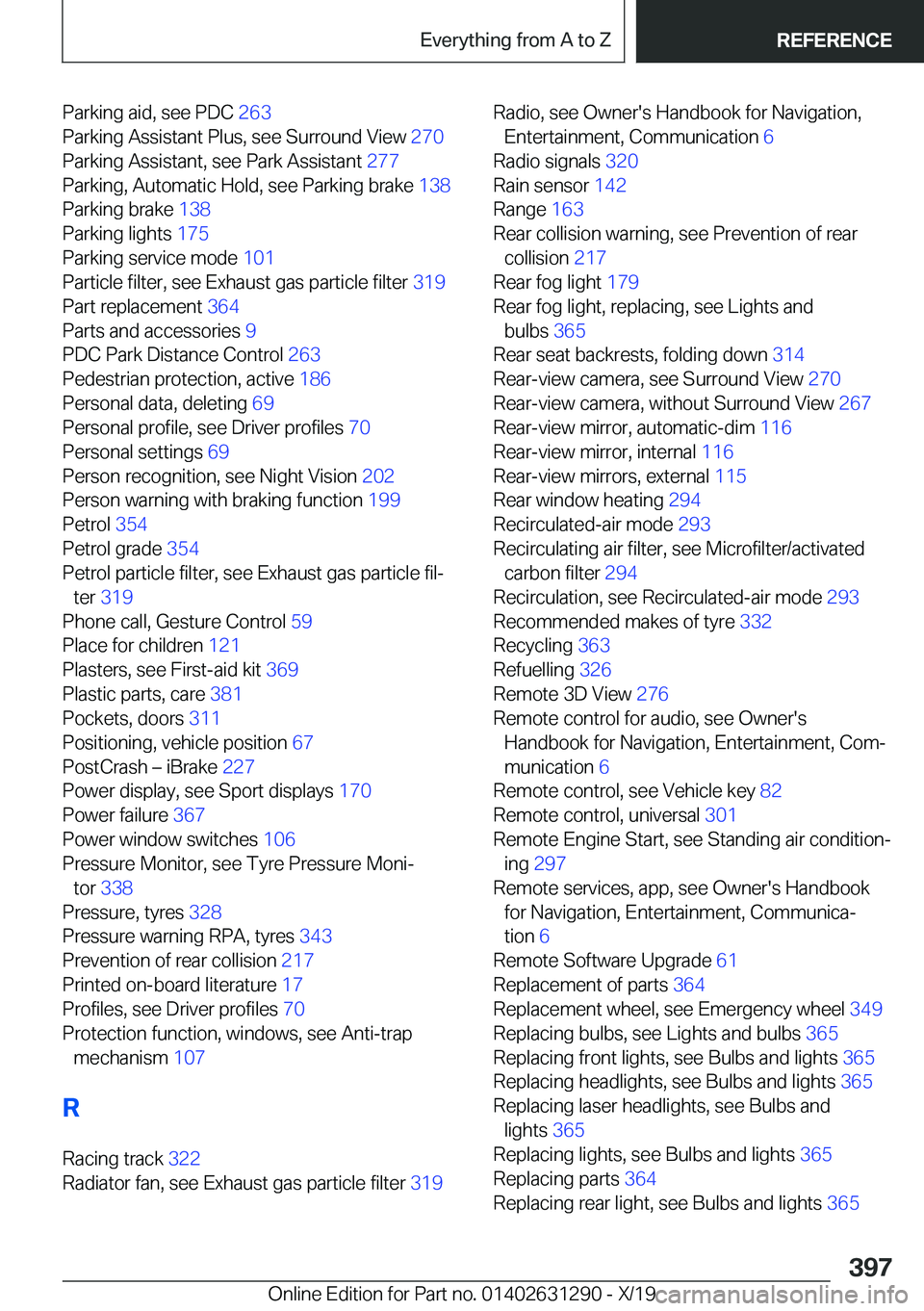 BMW M8 2020  Owners Manual �P�a�r�k�i�n�g��a�i�d�,��s�e�e��P�D�C��2�6�3�
�P�a�r�k�i�n�g��A�s�s�i�s�t�a�n�t��P�l�u�s�,��s�e�e��S�u�r�r�o�u�n�d��V�i�e�w� �2�7�0�
�P�a�r�k�i�n�g��A�s�s�i�s�t�a�n�t�,��s�e�e��P�a�r�k�