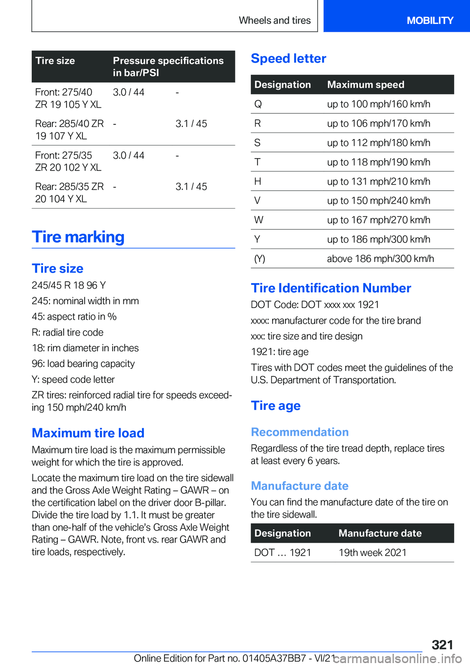 BMW M8 CONVERTIBLE 2022  Owners Manual �T�i�r�e��s�i�z�e�P�r�e�s�s�u�r�e��s�p�e�c�i�f�i�c�a�t�i�o�n�s
�i�n��b�a�r�/�P�S�I�F�r�o�n�t�:��2�7�5�/�4�0
�Z�R��1�9��1�0�5��Y��X�L�3�.�0��/��4�4�-�R�e�a�r�:��2�8�5�/�4�0��Z�R
�1�9��1�0�