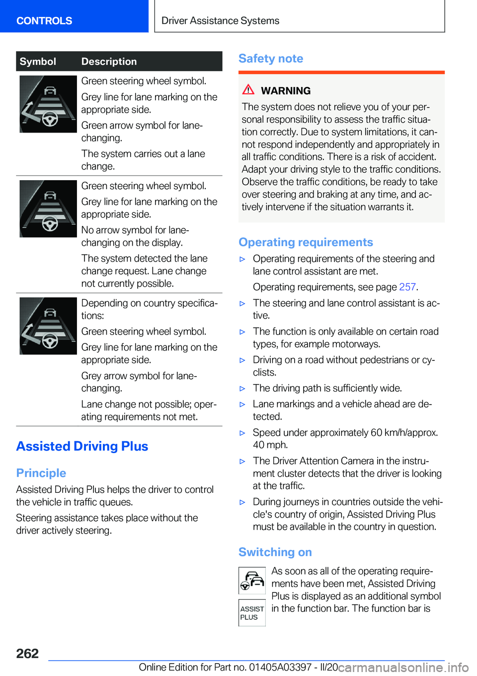 BMW M8 GRAN COUPE 2020  Owners Manual �S�y�m�b�o�l�D�e�s�c�r�i�p�t�i�o�n�G�r�e�e�n��s�t�e�e�r�i�n�g��w�h�e�e�l��s�y�m�b�o�l�.
�G�r�e�y��l�i�n�e��f�o�r��l�a�n�e��m�a�r�k�i�n�g��o�n��t�h�e
�a�p�p�r�o�p�r�i�a�t�e��s�i�d�e�.
�G�r�e�