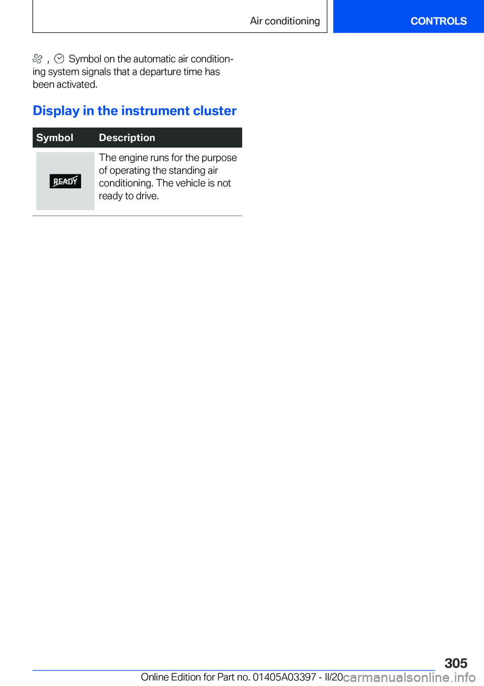 BMW M8 GRAN COUPE 2020  Owners Manual ���,�����S�y�m�b�o�l��o�n��t�h�e��a�u�t�o�m�a�t�i�c��a�i�r��c�o�n�d�i�t�i�o�nj
�i�n�g��s�y�s�t�e�m��s�i�g�n�a�l�s��t�h�a�t��a��d�e�p�a�r�t�u�r�e��t�i�m�e��h�a�s �b�e�e�n��a�c�t�i�v