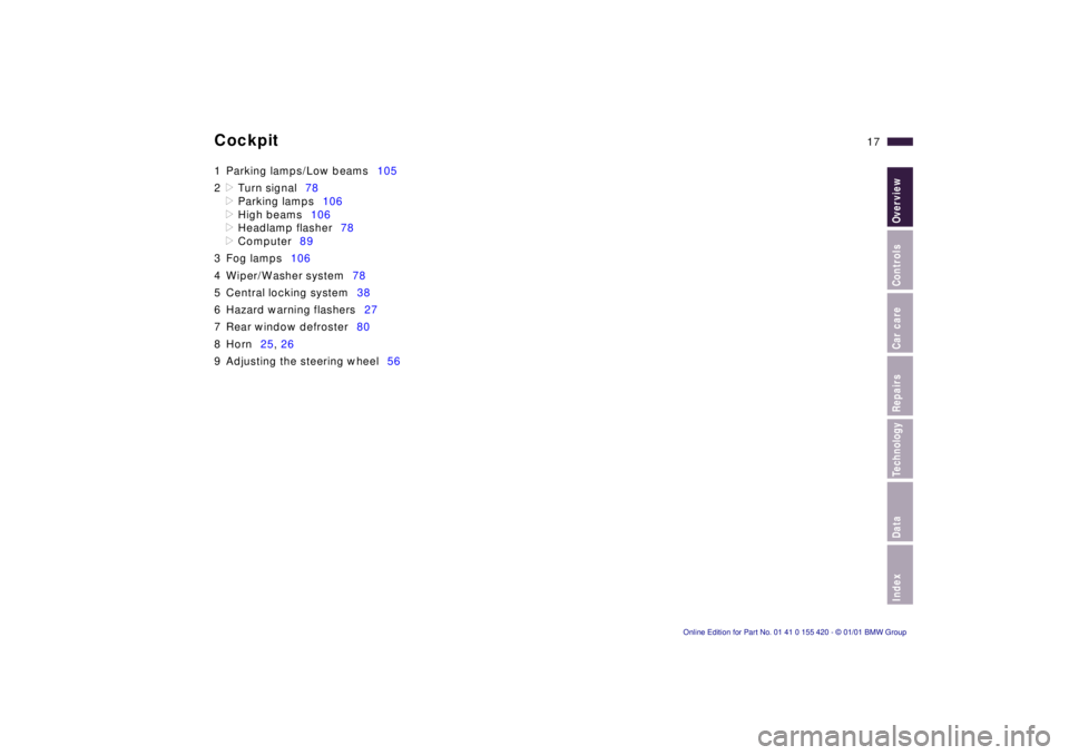 BMW SPORT WAGON 2001 User Guide  
IndexDataTechnologyRepairsCar careControlsOverview
 
17n
1 Parking lamps/Low beams105
2
 
>
 
Turn signal78
 
>
 
Parking lamps106
 
>
 
High beams106
 
>
 
Headlamp flasher78
 
>
 
Computer89
3 Fog