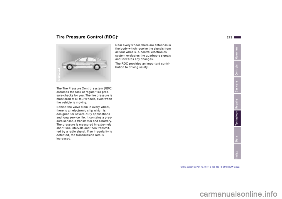 BMW SPORT WAGON 2001  Owners Manual Index
Data
Technology
Repairs
Car care
Controls
Overview
213nTire Pressure Control (RDC)* 
The Tire Pressure Control system (RDC)  
assumes the task of regular tire pres-
sure checks for you. The tire