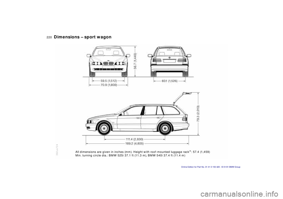 BMW SPORT WAGON 2001 Owners Manual 220nDimensions – sport wagon
392us724All dimensions are given in inches (mm). Height with roof-mounted lugg\
age rack*: 57.4 (1,459)
Min. turning circle dia.: BMW 525i 37.1 ft (11.3 m), BMW 540i 37. BMW SPORT WAGON 2001 Owners Manual 220nDimensions – sport wagon
392us724All dimensions are given in inches (mm). Height with roof-mounted lugg\
age rack*: 57.4 (1,459)
Min. turning circle dia.: BMW 525i 37.1 ft (11.3 m), BMW 540i 37.