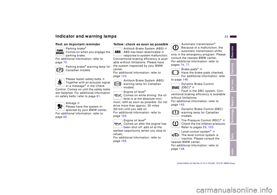 BMW SPORT WAGON 2001  Owners Manual IndexDataTechnologyRepairsCar careControlsOverview
23n
Indicator and warning lampsRed: an important reminder
Parking brake
*
Comes on when you engage the 
parking brake. 
For additional information: r