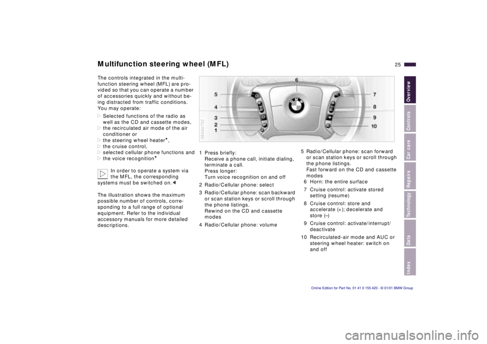 BMW SPORT WAGON 2001  Owners Manual IndexDataTechnologyRepairsCar careControlsOverview
25n
Multifunction steering wheel (MFL)The controls integrated in the multi-
function steering wheel (MFL) are pro-
vided so that you can operate a nu