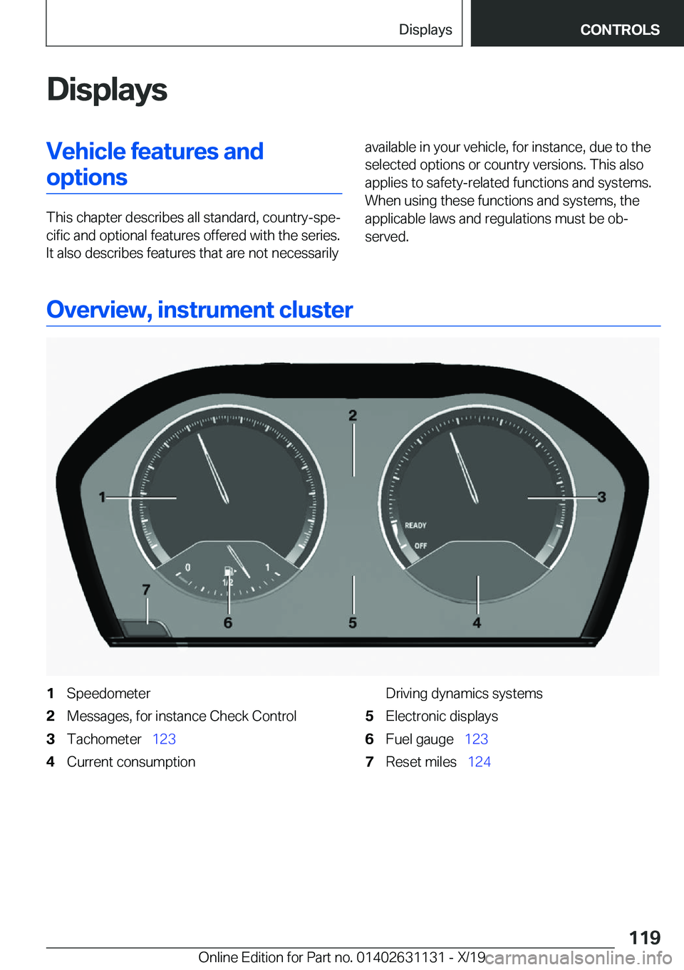 BMW X1 2020  Owners Manual �D�i�s�p�l�a�y�s�V�e�h�i�c�l�e��f�e�a�t�u�r�e�s��a�n�d�o�p�t�i�o�n�s
�T�h�i�s��c�h�a�p�t�e�r��d�e�s�c�r�i�b�e�s��a�l�l��s�t�a�n�d�a�r�d�,��c�o�u�n�t�r�y�-�s�p�e#j�c�i�f�i�c��a�n�d��o�p�t�i�o�