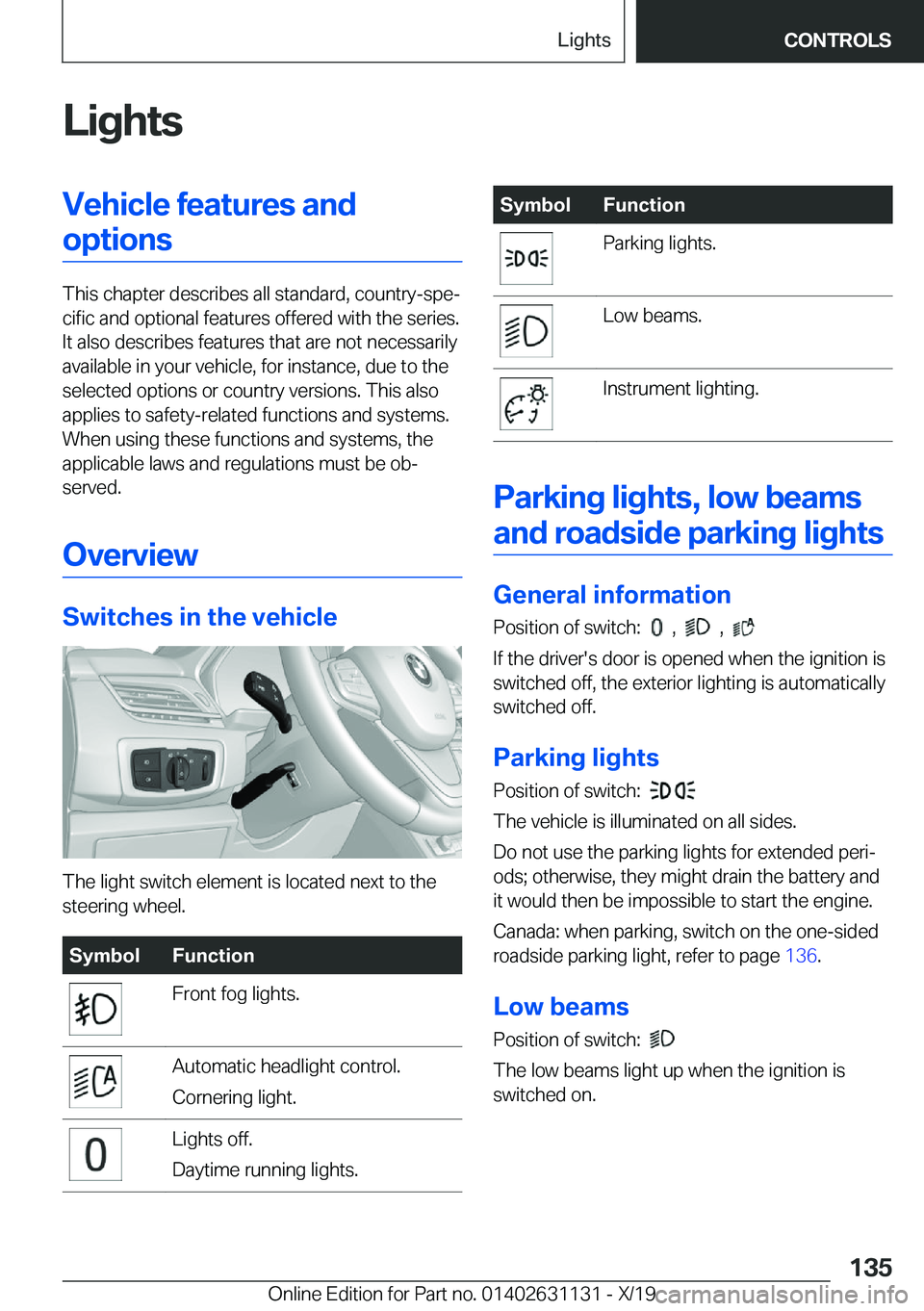 BMW X1 2020  Owners Manual �L�i�g�h�t�s�V�e�h�i�c�l�e��f�e�a�t�u�r�e�s��a�n�d�o�p�t�i�o�n�s
�T�h�i�s��c�h�a�p�t�e�r��d�e�s�c�r�i�b�e�s��a�l�l��s�t�a�n�d�a�r�d�,��c�o�u�n�t�r�y�-�s�p�e#j�c�i�f�i�c��a�n�d��o�p�t�i�o�n�a�