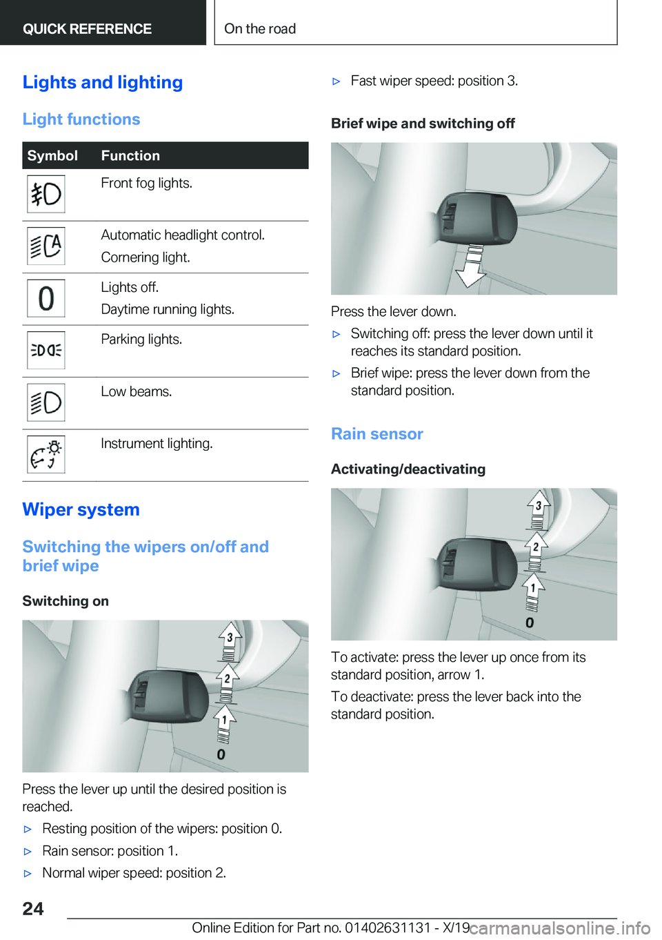 BMW X1 2020 Owners Manual �L�i�g�h�t�s��a�n�d��l�i�g�h�t�i�n�g
�L�i�g�h�t��f�u�n�c�t�i�o�n�s�S�y�m�b�o�l�F�u�n�c�t�i�o�n�F�r�o�n�t��f�o�g��l�i�g�h�t�s�.�A�u�t�o�m�a�t�i�c��h�e�a�d�l�i�g�h�t��c�o�n�t�r�o�l�.
�C�o�r�n�e�r